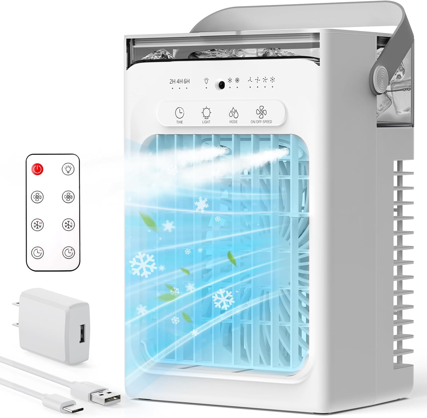 Portable Air Conditioners, Mini Personal Evaporative Cooler with Remote, 2 Mist Modes, 4 Wind Speeds, 1100 ML Water Tank, 2/4/6H Timer, Colorful Light, USB-C Powered Cooling Fan for Room Office Car