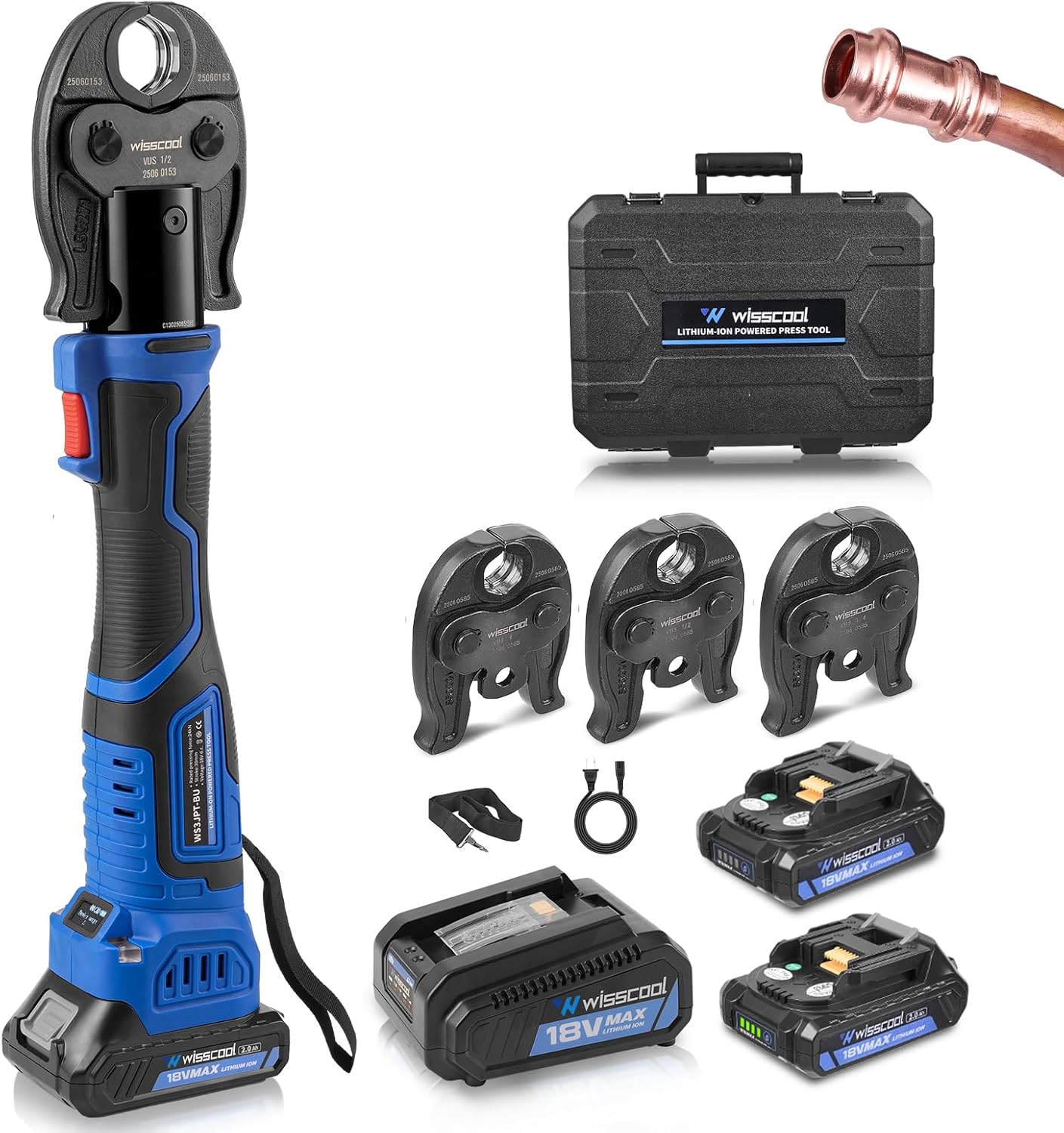 Pro Press Tool for Copper Pipe 18V, Brushless Battery Copper Press Tool Kit, 24KN Electric Copper Pipe Crimping Tool for 1/2", 3/4", 1" Jaws, 2 x 2.0Ah Batteries, Fast Charger