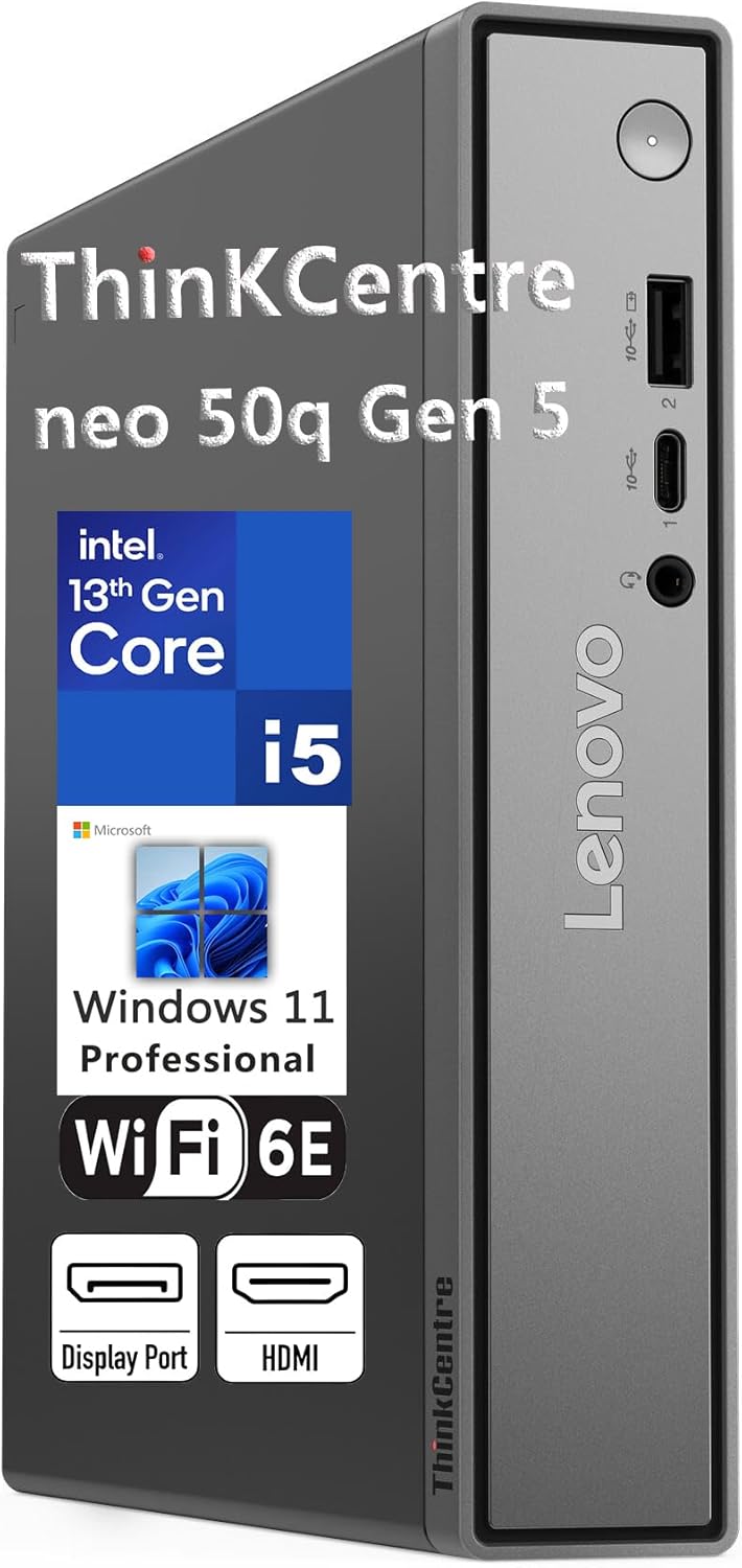 Lenovo ThinkCentre neo 50q Gen 5 Mini Desktop PC, Intel Core i5-13420H 8-Core, 16GB DDR5 RAM, 512GB SSD, WiFi 6E, Bluetooth 5.3, Dual Display, USB-C, Windows 11 Pro - Business Office Remote Work