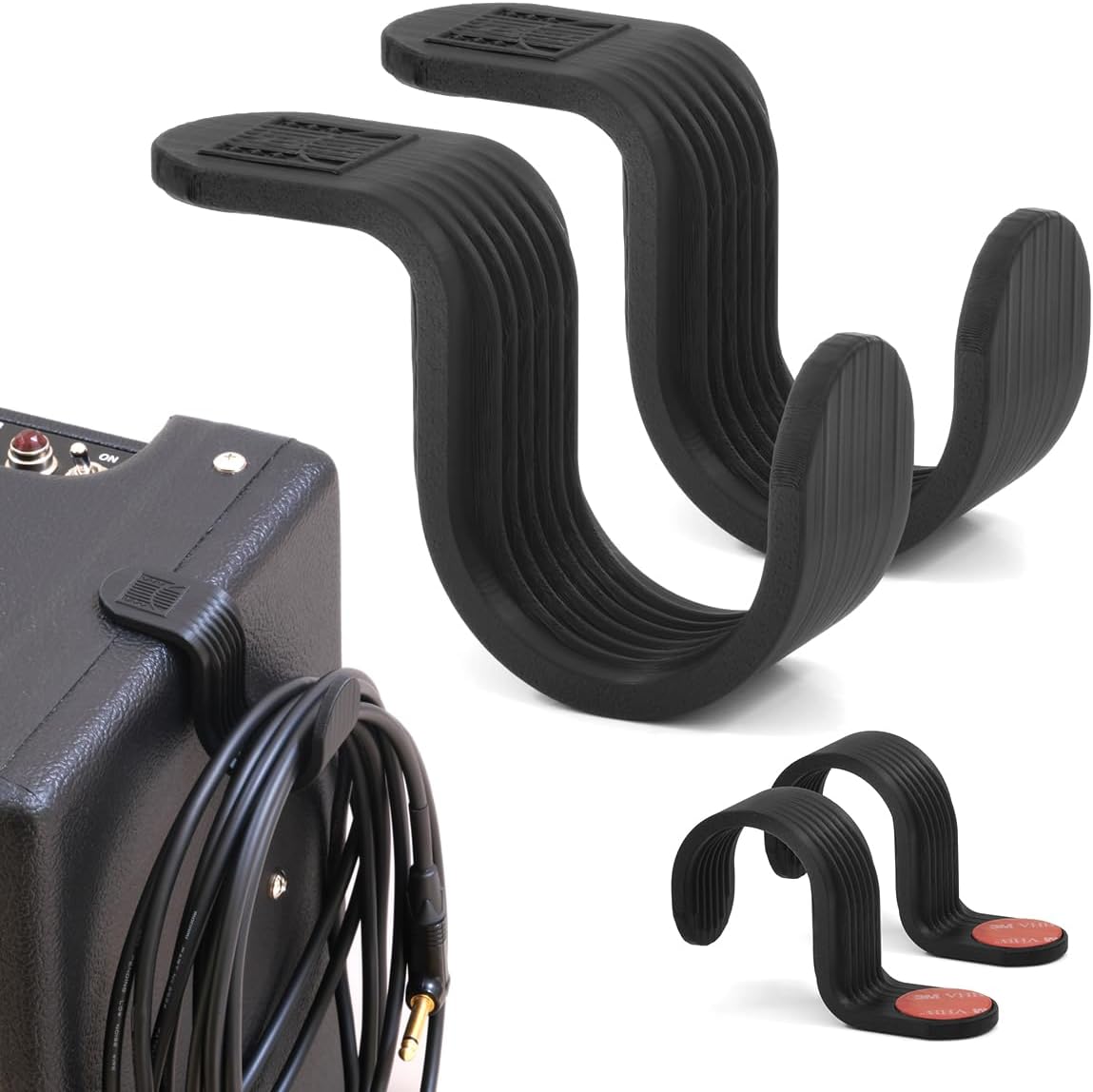 Music Cable Organizer Set (2-Pack) – Peel-and-Stick Guitar Cable Holder & Studio Cable Hook with Upgraded 3M Adhesive for Desks, Amps & Surfaces (Black)