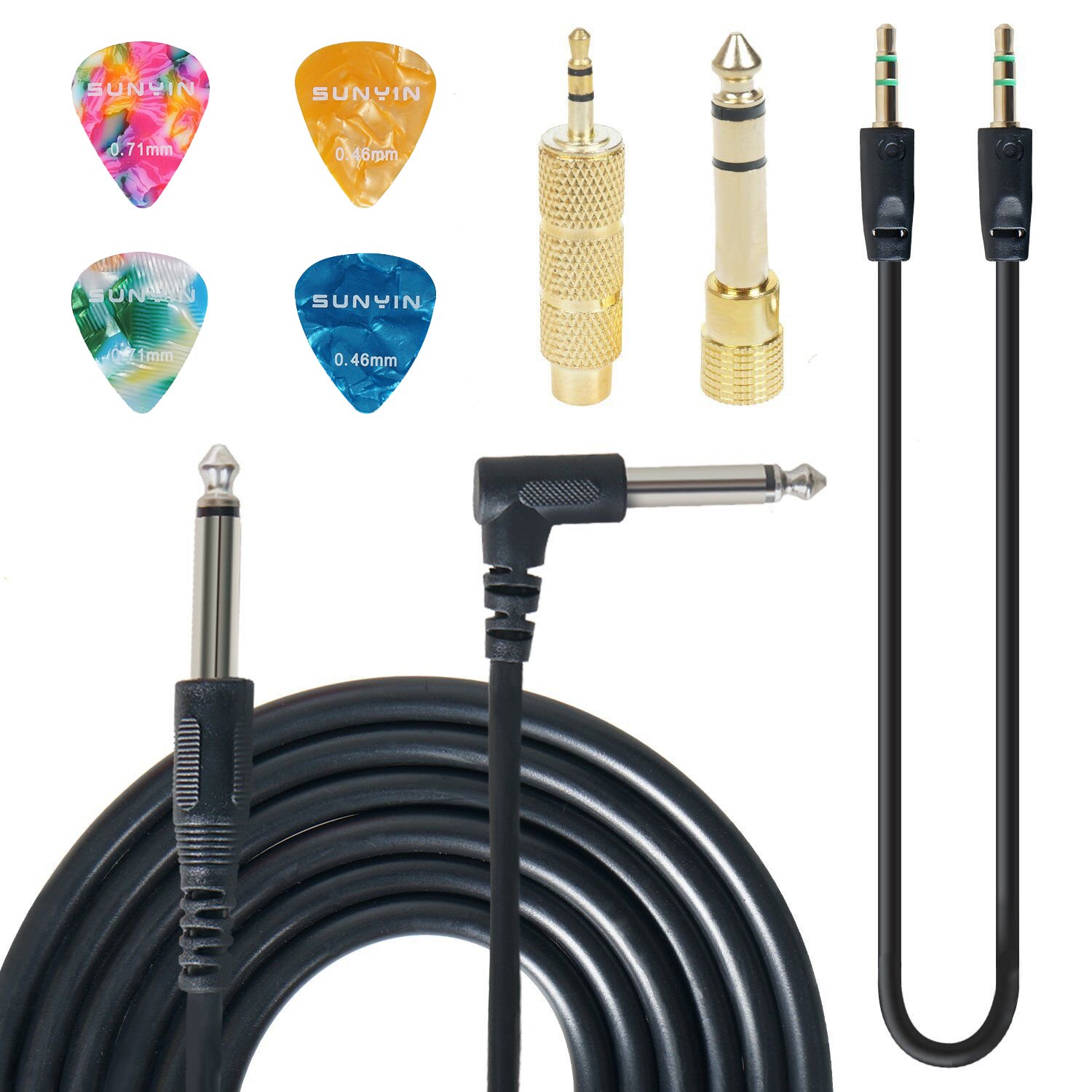 SUNYIN Guitar Amp Cable, Electric Guitar Instrument Cable, 1/4 Inch, 3.5mm & 6.5mm Converter, 3.5mm Audio Cord, 4 Picks (10ft)