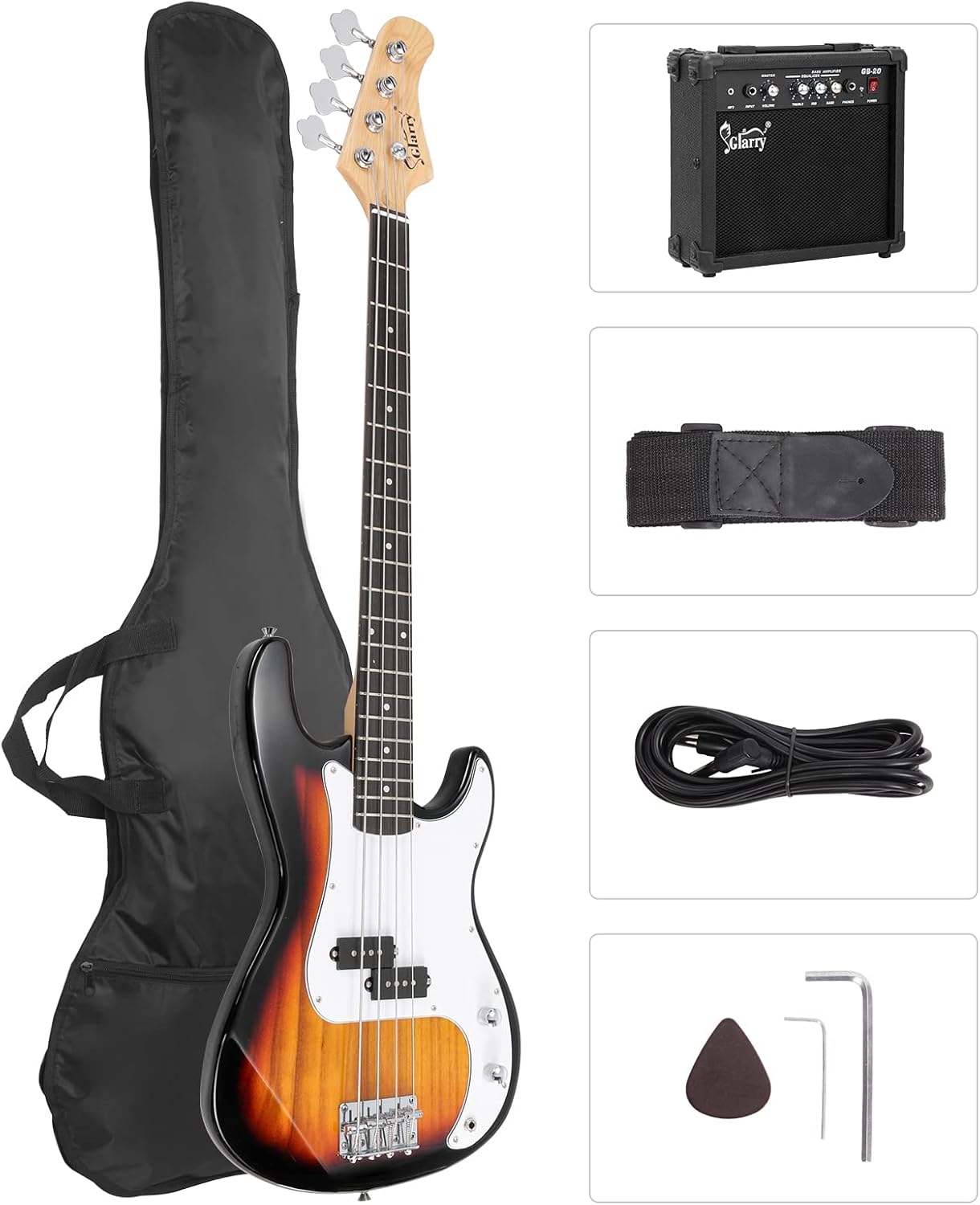 GLARRY Full Size Electric Bass Guitar Beginner Kit 4 String Exquisite Basswood Bass with 20W AMP, Cable, Strap, Bag and Accessories (Sunset, 39"Right Handed)