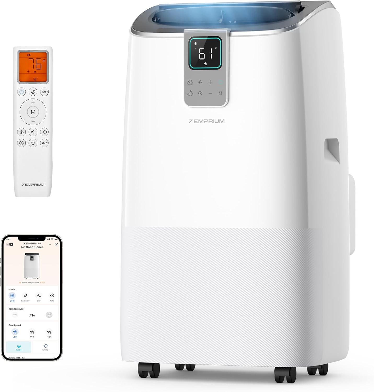 14,000 BTU Smart Portable Air Conditioner for Large Rooms up to 750 Sq.ft, 41dB Quiet Efficient AC Unit with App & Voice Control, 4-in-1 Cooling, Dehumidifier, Fan, No-Drain Self-Evaporating