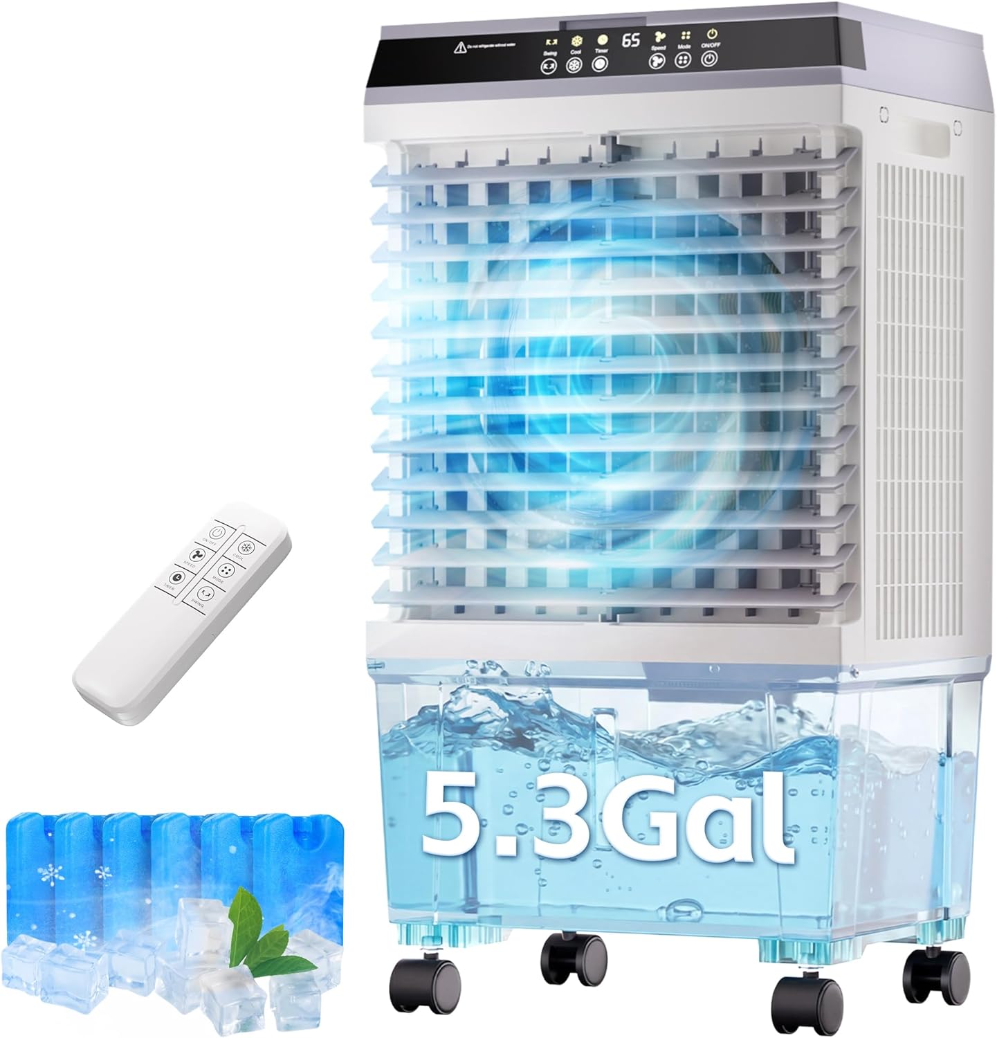 AKIRES 1800CFM Swamp Cooler,3-IN-1 Evaporative Air Cooler with 5.3 Gal Water Tank,6 Ice Packs,Evaporative Cooler with 12H Timer,2 Modes,3 Speeds,120°Oscillation，Cooling Fan for Indoor,Outdoor(32IN)