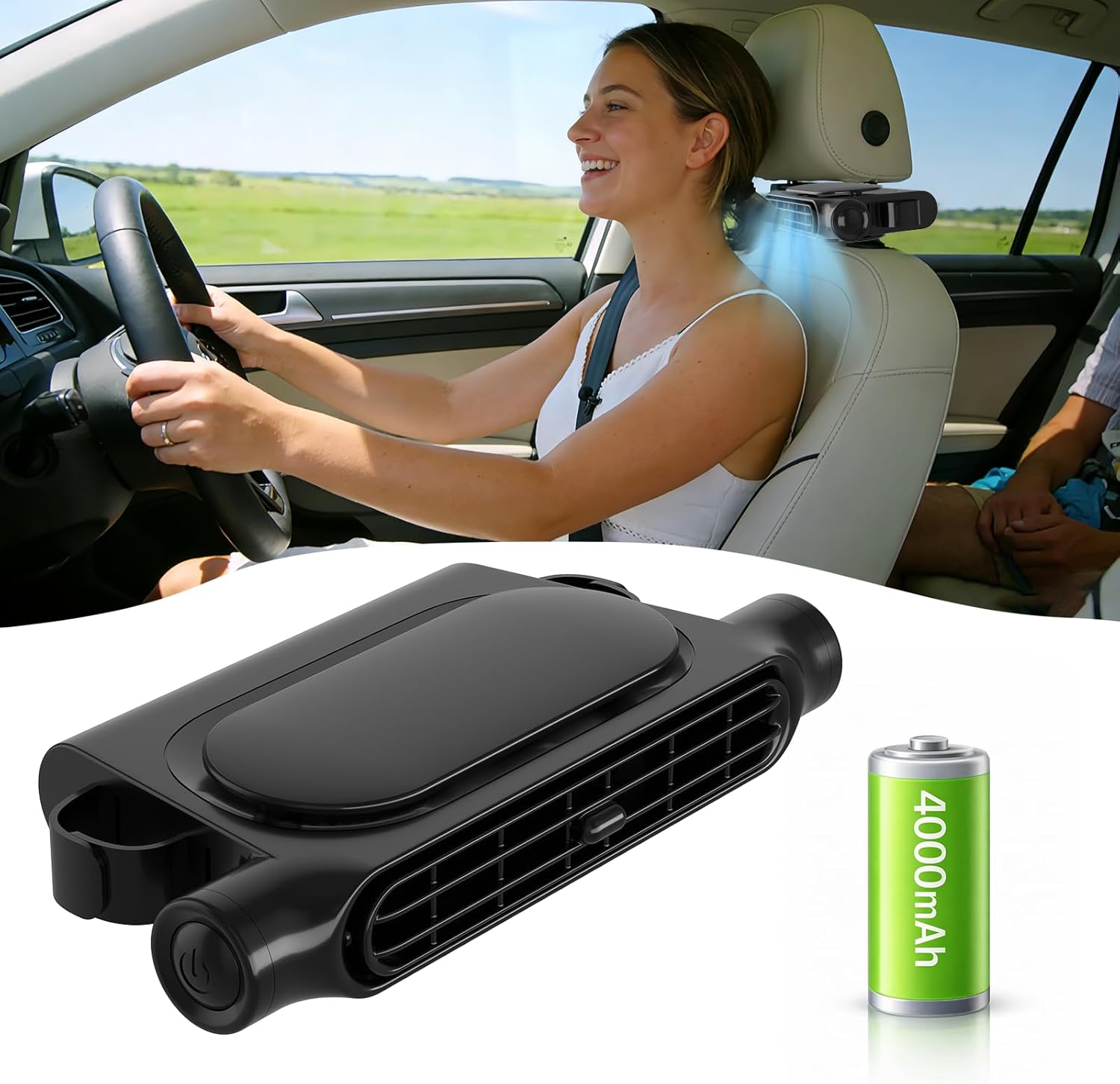 Car Fan with 4000mAh Battery, Portable Car Air Conditioner for Front or Back Seat Cooling, Easy Install Car Seat Fan for Kids, USB Car Fans That Blow Cold Air Car Essentials for Summer Road Trips