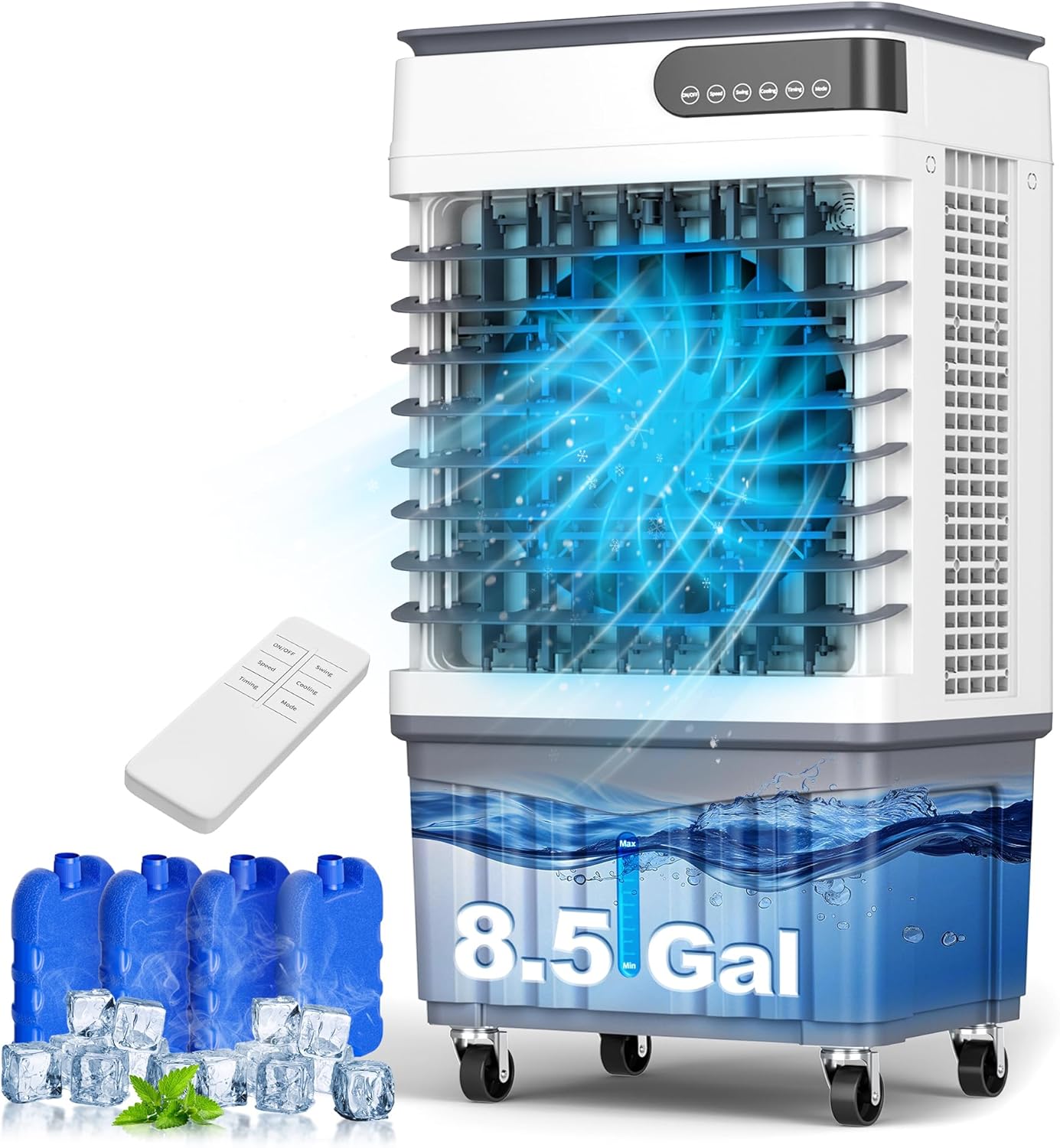 2600CFM Swamp Cooler, 4-IN-1 Evaporative Air Conditioners With 8.5 Gal Water Tank, 4 Ice Packs, Remote, 12H Timer, 120°Oscillation, 36”Portable Cooling Fan with 3 Modes&Speeds for Bedroom Indoor Room