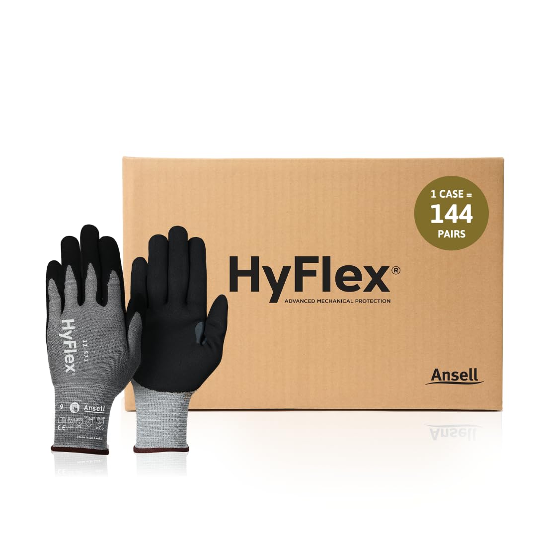 Ansell HyFlex 11-571 Ultra-Light Industrial Safety Gloves for Automotive, Machinery, Equipment, Metal Fabrication, Aerospace, Size 10, Grey (Pack of 144)