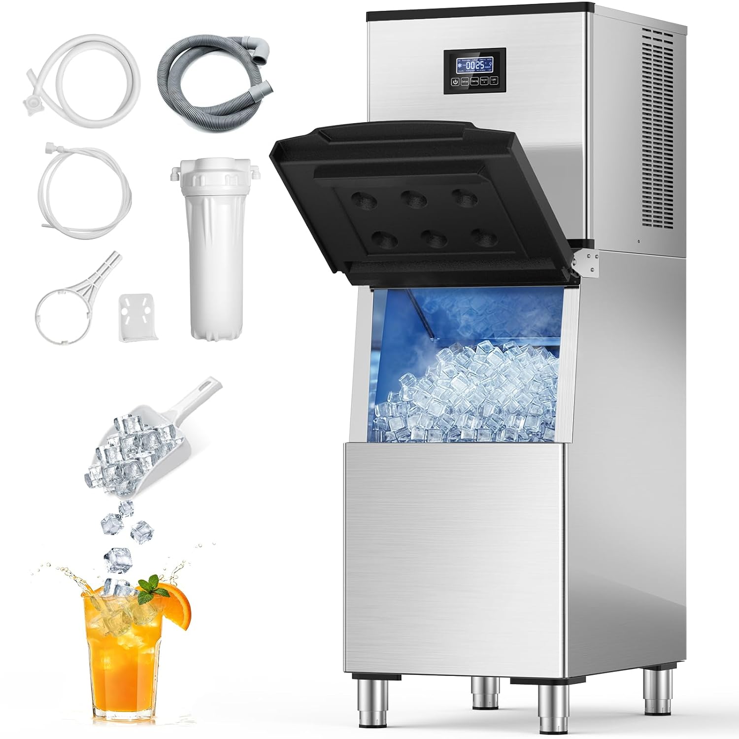 250lbs/24h Commercial Ice Maker Machine with 200lbs Large Storage Bin, Freestanding Stainless Steel Industrial Ice Machine, Adjustable Ice Cube Thickness for Restaurant, Bar, Hotel, Coffee Shop