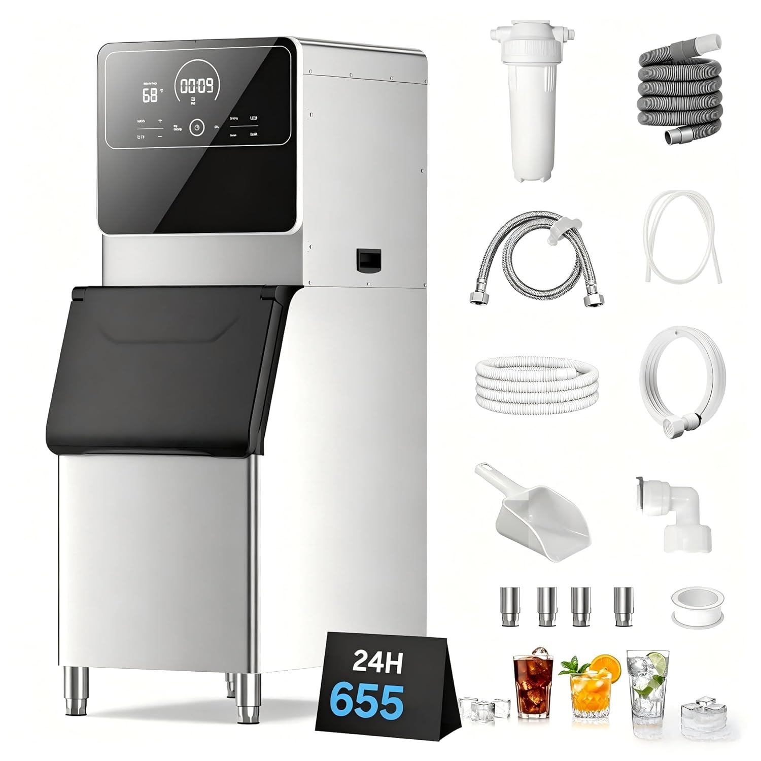 5-Year Limited Warranty Commercial Ice Maker Machine 655 Lbs/24H Industrial Ice Maker Machine Commercial Ice Machine with 400Lbs Storage,Ice Ready in 5-12 min for Bar Cafe Business Restaurant
