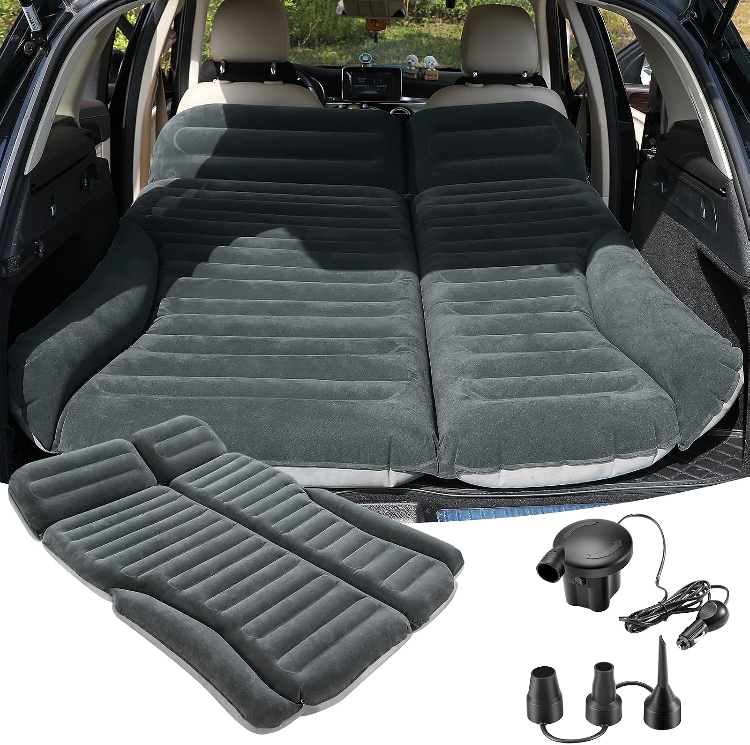 SUV Air Mattress Double Sided Thickened Flocking Car Bed – Portable Inflatable Mattress Pad for Camping & Travel with 2 Pillows & Electric Pump (Green+Light Gray)