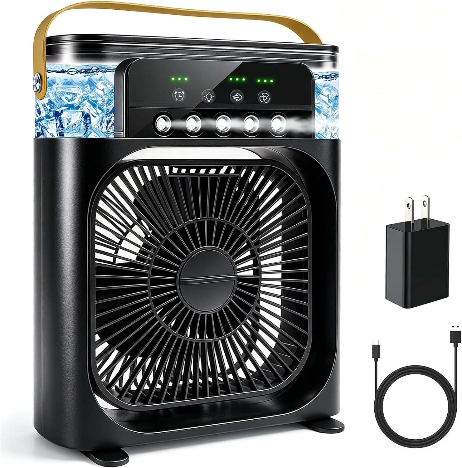 Portable Air Conditioner Fan, Mini Evaporative Air Cooler with 5 Spray Nozzles,3 Wind Speeds,3 Timers, 7 Colors LED Light,600ML Personal AC Unit Fan for Bedroom Office Camping（Black）