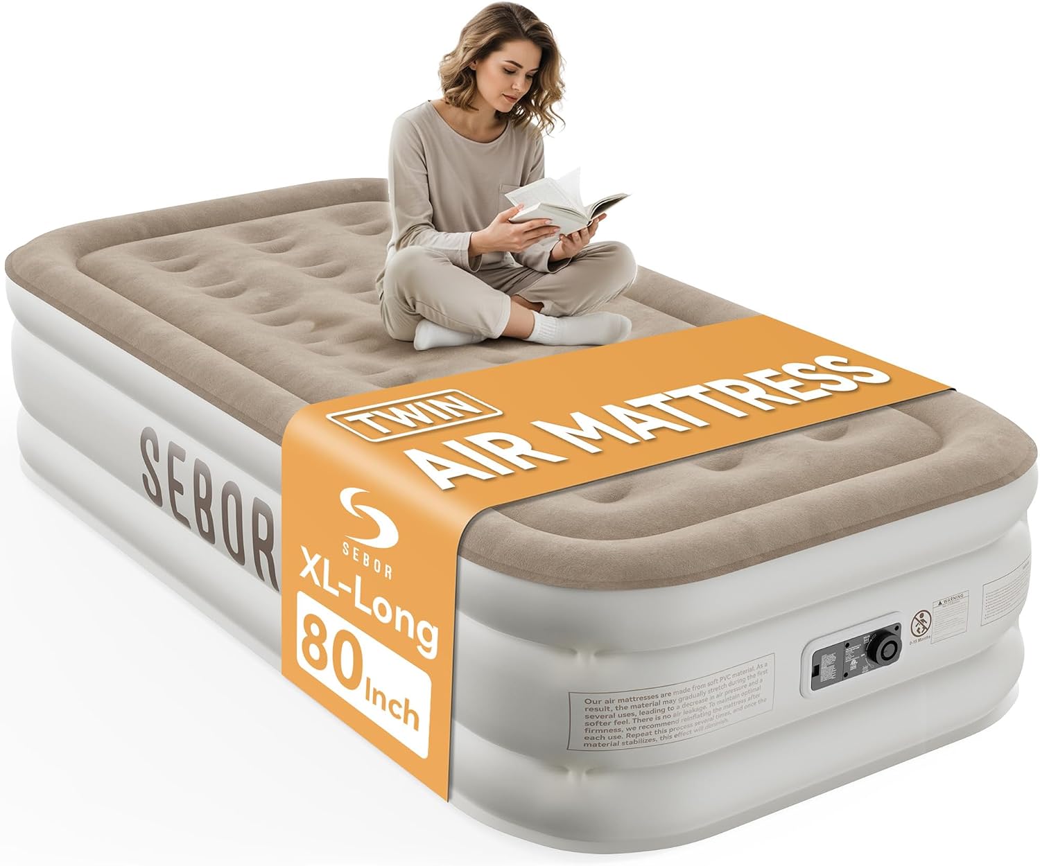 Air Mattress with Built-in Pump, Comfortable Self-Inflating Air Mattress with High-Speed Pump, Durable Blow Up Mattress Twin with Storage Bag for Guest, Camping (Khaki White, 18" Twin XL)