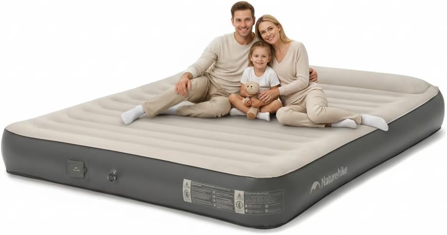 Naturehike Pillow Top Plush Compact King Air Mattress with Rechargeable Built-in Pump, 992 LBS Support, Blow Up Bed with Annular Air Column Structure, Inflatable Airbed for Home, Camping, Guests