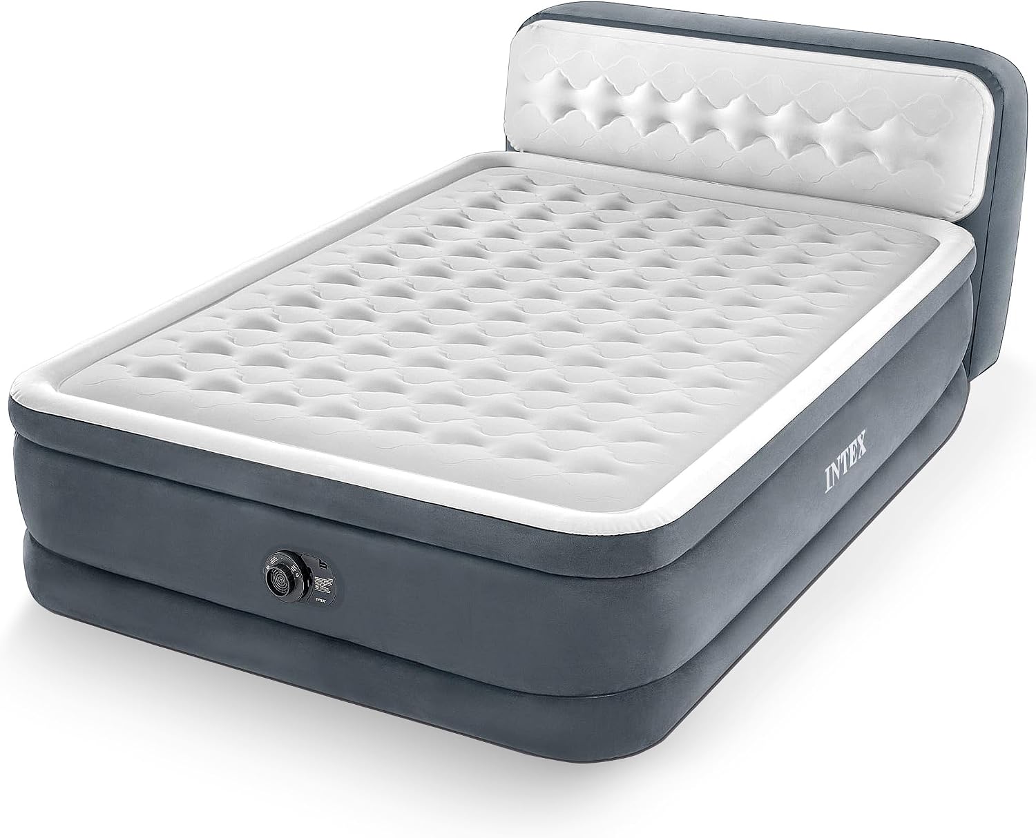 INTEX Queen Size Air Mattress, 18in Height Airbed with Headboard, Built-in Pump, Dura-Beam Deluxe Ultra-Plush - Portable Inflatable Bed for Camping & Travel