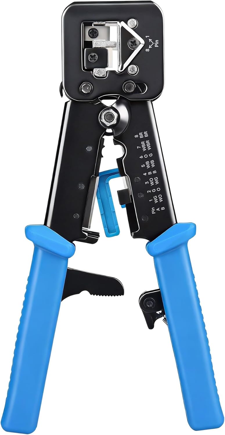 Cable Matters Modular RJ45 Crimp Tool for Pass-Through Connectors (Pass-Through Ethernet Crimper) with Built-in Wire Cutter and Stripper - 10-Pack Cat6 RJ45 Connectors Included