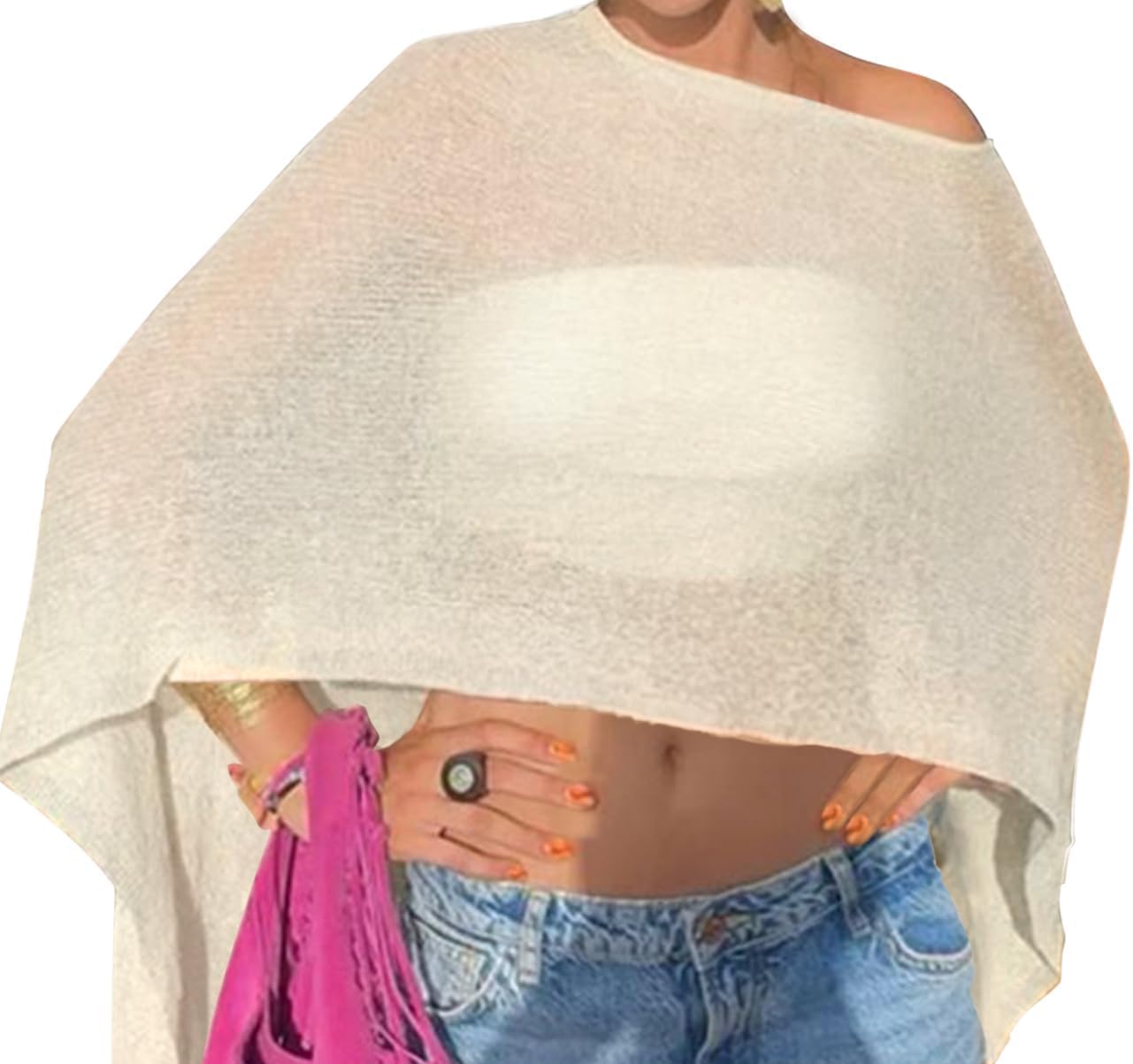 Off The Shoulder Sheer Crochet Vacation Outfits Poncho Sweater Top Summer Beach Cover Up