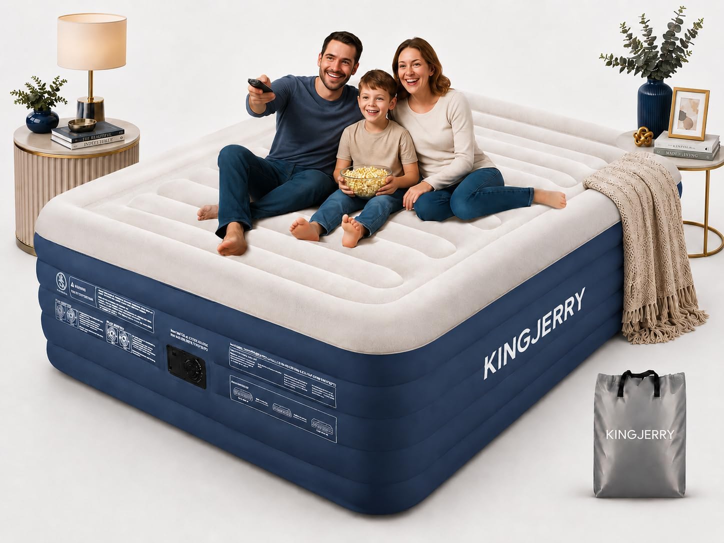 KINGJERRY Queen Air Mattress with Built in Pump, Upgraded Air Chamber, 18" Raised Comfort Inflatable Mattress, 800 lbs Heavy-Duty Support, Durable Blow Up Bed for Home Guests & Camping