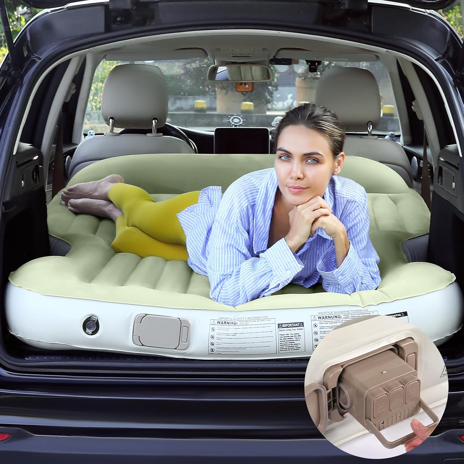 Inflatable SUV Air Mattress Thickened Flocking with Built-in Pump Self-Inflating Portable Sleeping Travel Bed Pad for SUV Truck Fast Inflation and Deflation (Green)