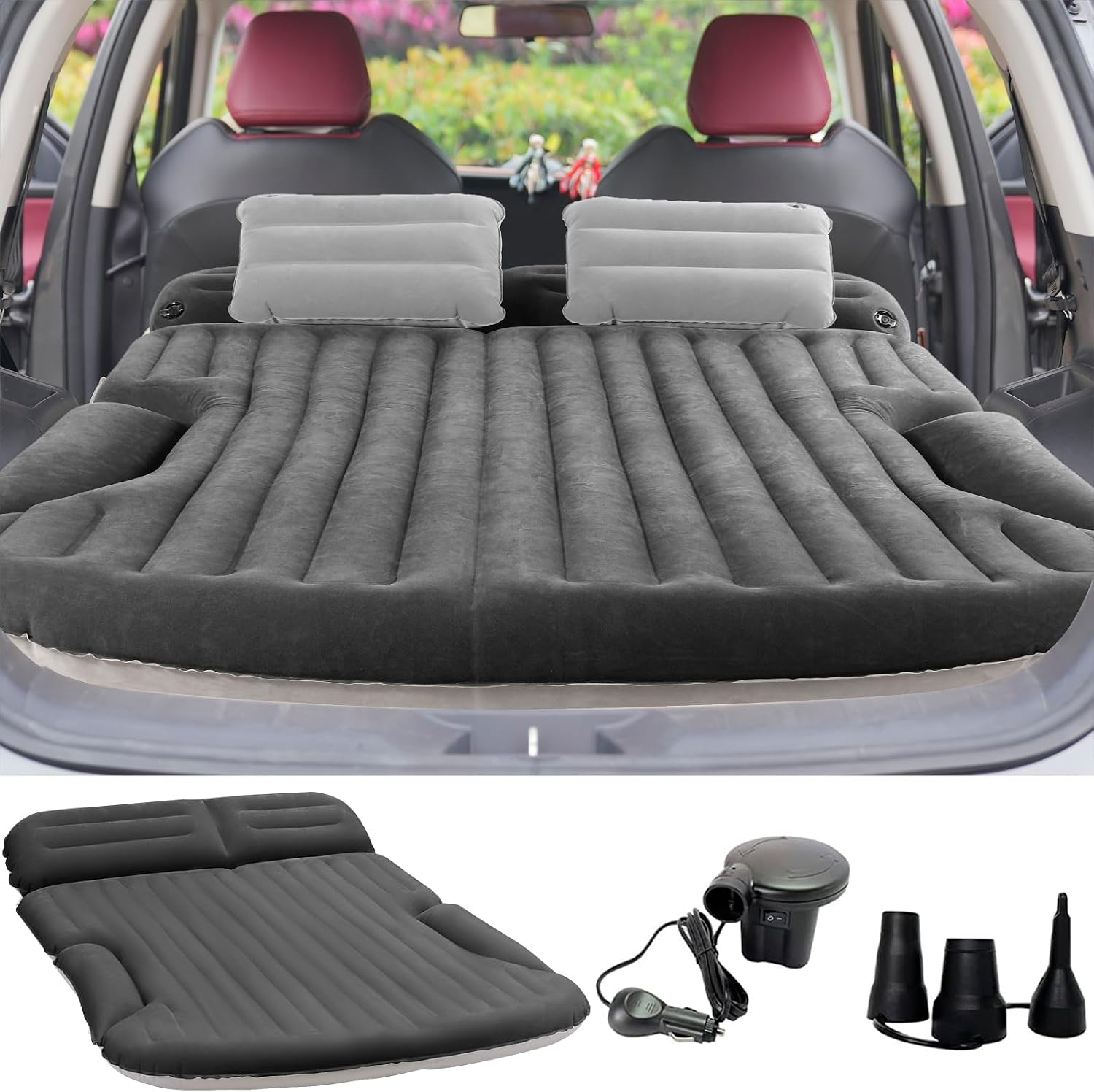SUV Air Mattress Thickened and Double-Sided Flocking Travel Camping Bed with 2 Pillows & Electric Pump Dedicated Mobile Cushion Inflatable Bed for SUV Trunk and Rear Seat (Dark Gray)