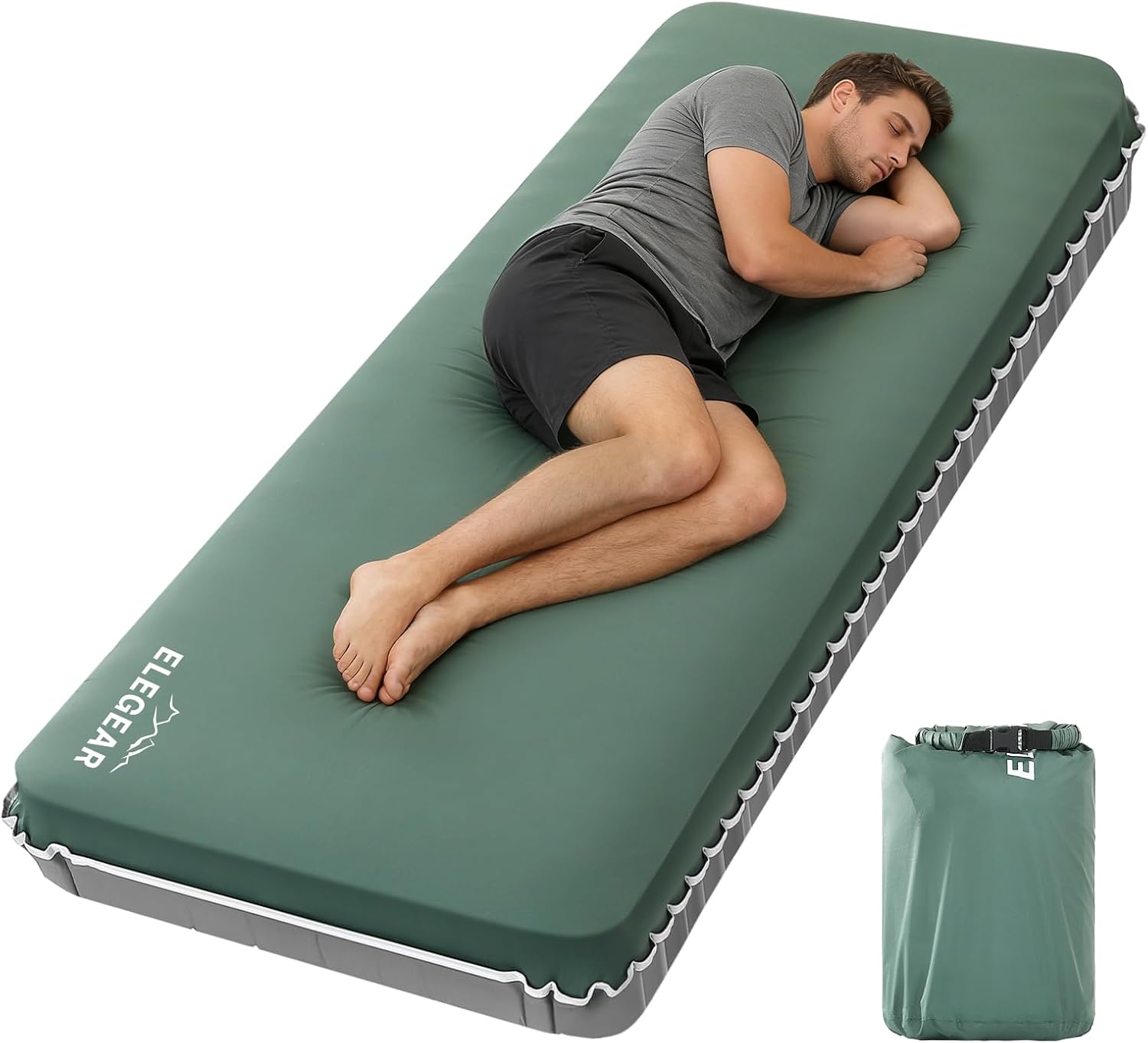 Elegear Air & Foam Camping Mattress, CumbreX™ 4" Ultra-Thick Memory Foam Sleeping Pad with Air Pump, Compact R-Value 9.5 4-Season Camp Mat for Travel Outdoor - Single Army Green