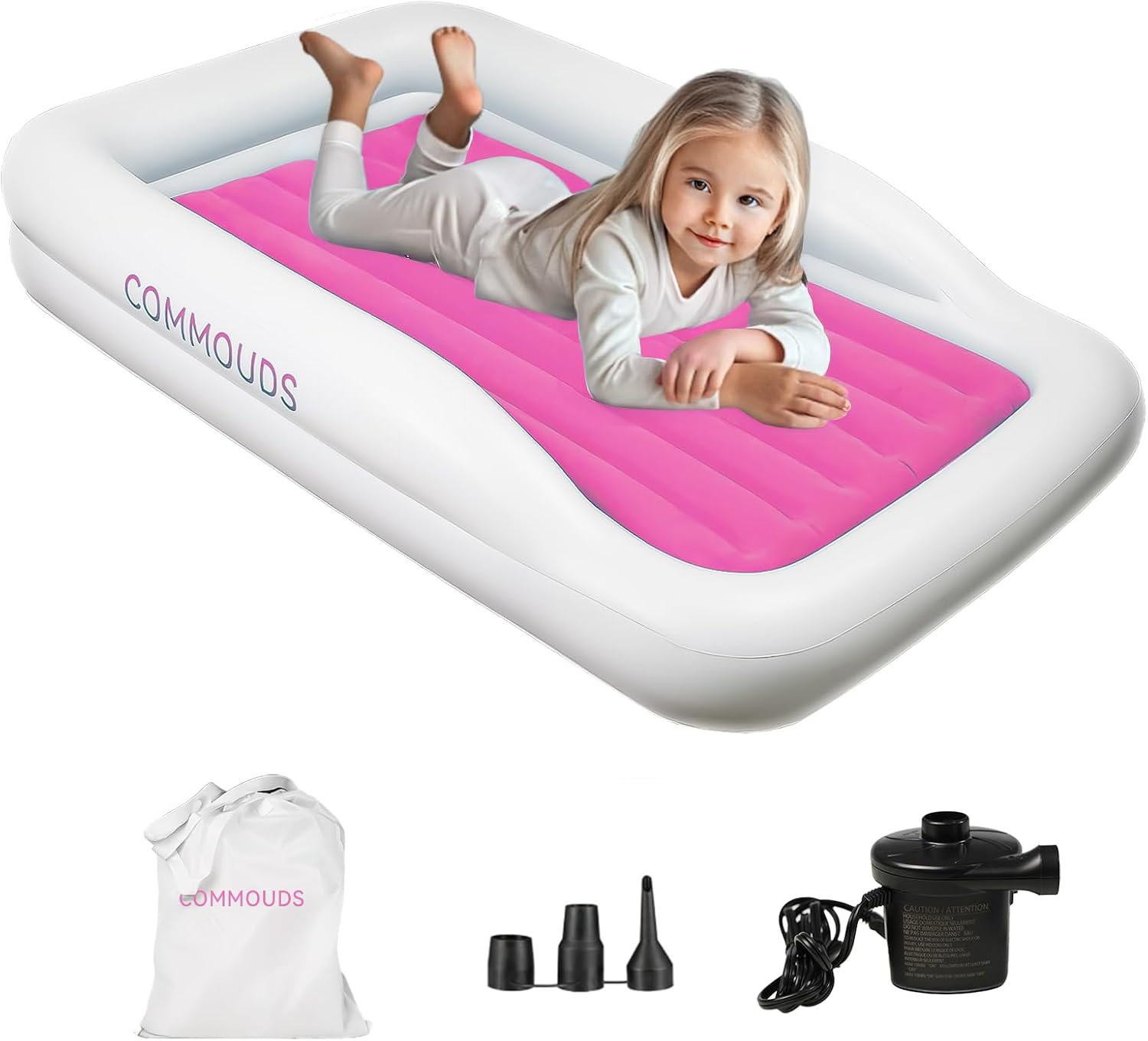 COMMOUDS Portable Toddler Travel Bed with Safety Bumpers, Inflatable Kids Air Mattress with Electric Pump, Baby Blow up Mattress, for Grandma's Home Camping Vacation