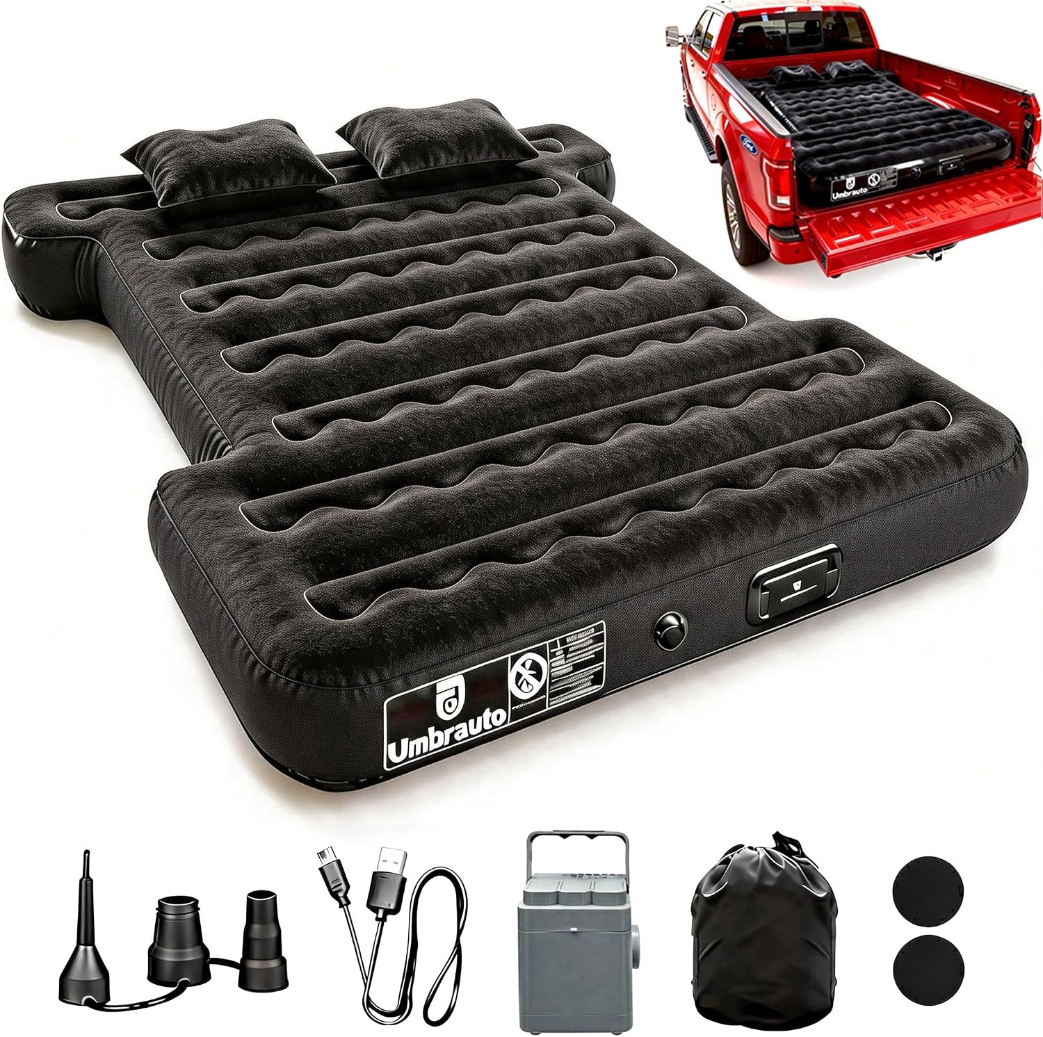 Umbrauto Built-in Pump Air Mattress for 5.5-5.8ft Full Size Short Truck Bed, Inflatable Camping Airbed with Rechargeable Cordless Pump for Truck Tent Camper