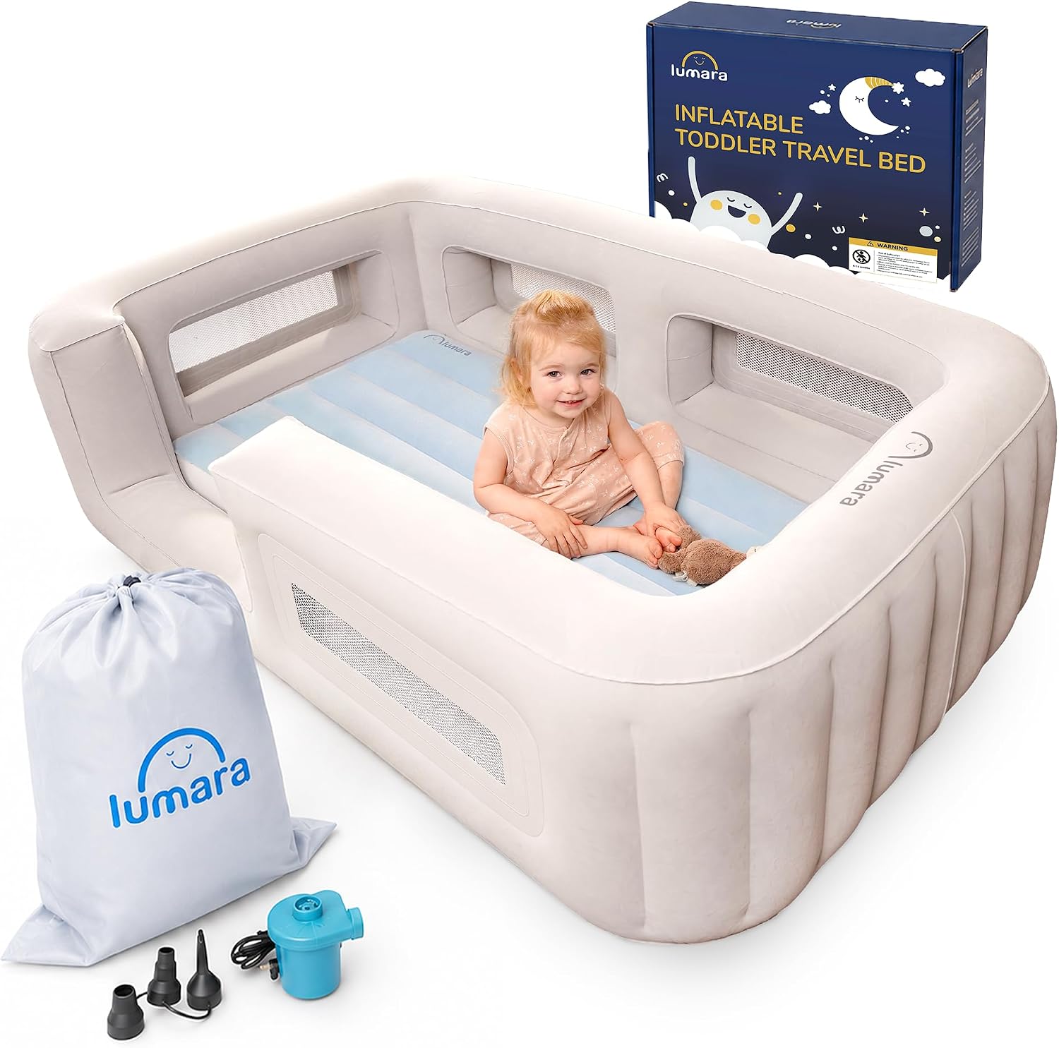 LUMARA Inflatable Toddler Travel Bed - Kids Air Mattress with 4-Sided Bumpers and Electric Pump - Portable Toddler Bed for Travel - Inflates in 1-2 Minutes - for Home, Hotels, and Camping