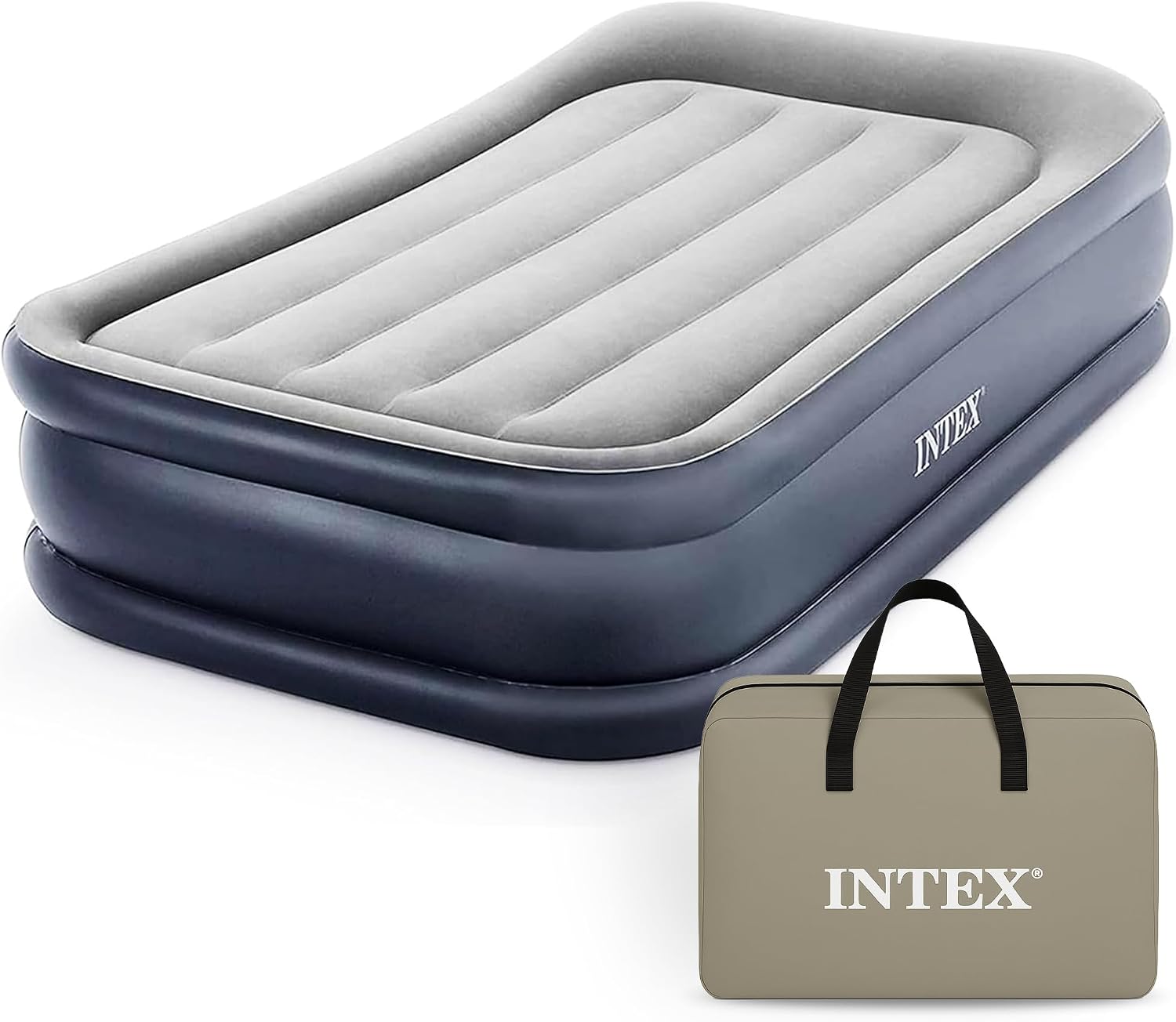 Intex 64131ED Dura-Beam Plus Deluxe Pillow Mattress Air Bed: Fiber-Tech – Twin Size – Built-in Electric Pump – 16.5in Bed Height – 300lb Weight Capacity