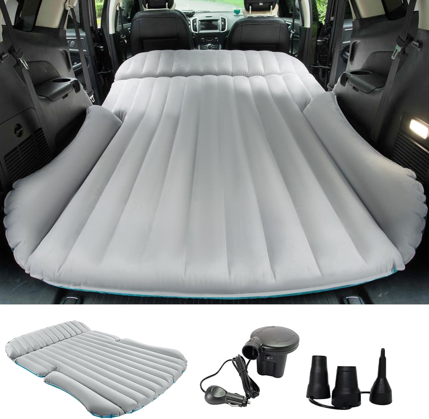 SUV Air Mattress Double-Sided Inflatable Car Mattress Camping Bed with Pump for SUV Trunk & Rear Seat - Blue (Light Gray) (Light Gray)