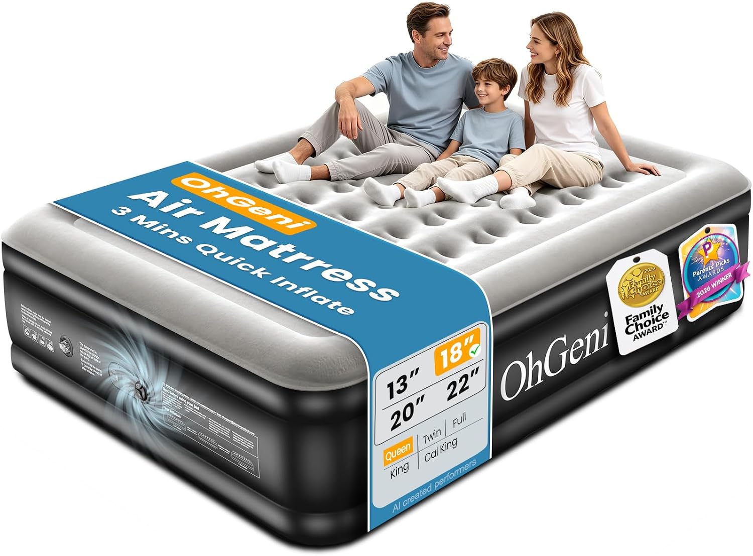OhGeni Air Mattress Queen with Built in Pump, 18" Raised Inflatable Blow Up Mattress, Upgraded Surface Portable Bed for Home, Camping, Colchone Inflable, Ideal Sleep Solution for Guests