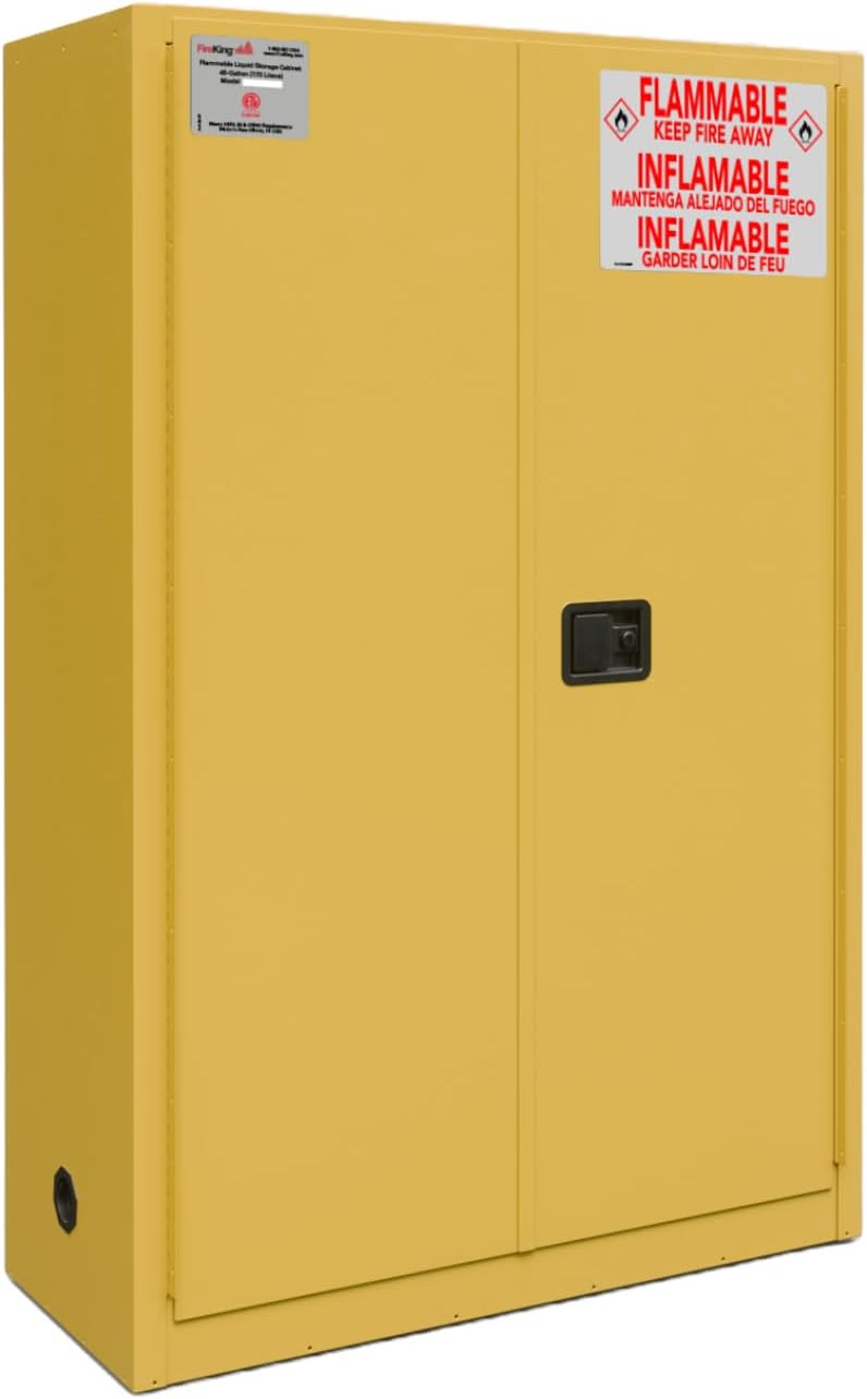 FireKing Yellow Flammable Safety Cabinet, Flammable Liquids Storage Cabinet, 45 Gallon Steel Safety Cabinets with Manual Door for Commercial, Industrial & Home Use, 43" x 18" x 65"
