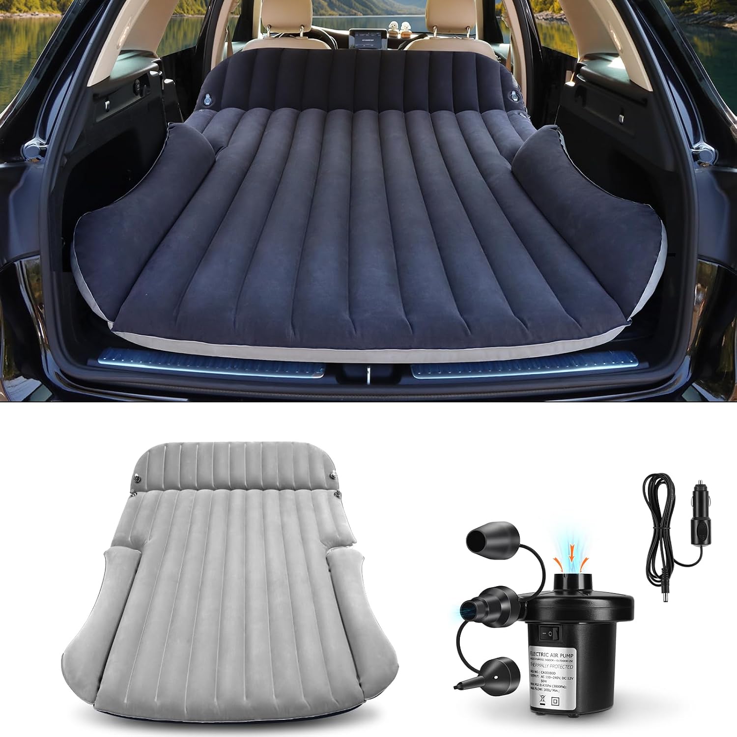 SUV Air Mattress with Double-Sided Flocked Surface, 6" Inflatable Car Bed with Pump & Pillow, Leakproof Car Mattress for Trunk, Auto Camping Road Trip - Black/Grey Reversible