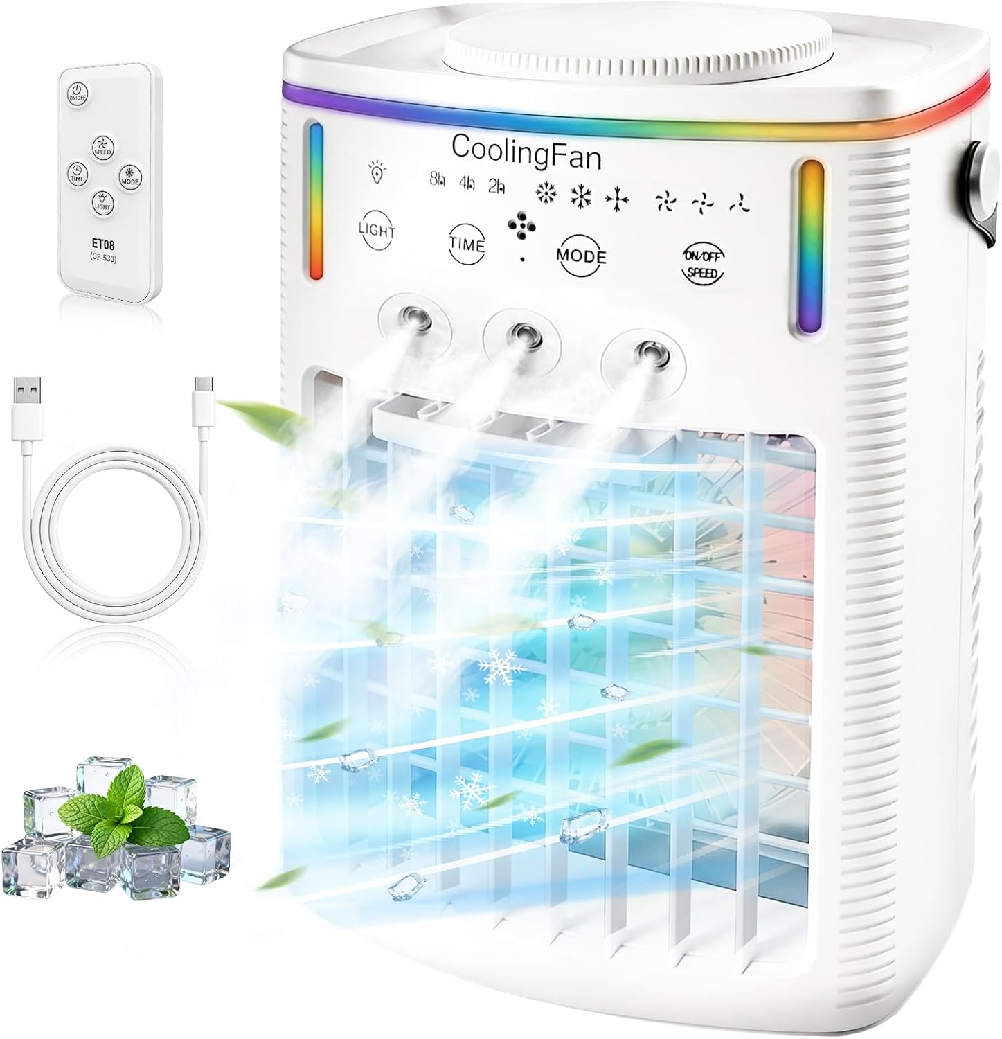2026 New 1500ML Small Portable Air Conditioner Fan, Cooling Fan for Bedroom with 3 Modes & 3 Speeds, for Office, Camping, Coffee Table & Travel, with 7-Color LED Light & Remote Control(1PCS)