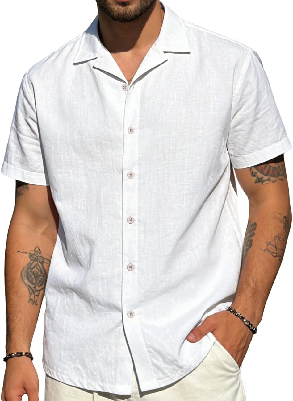 Mens Cotton Linen Shirt Casual Lightweight Button Down Shirt Short Sleeve Summer Beach Vacation Tops