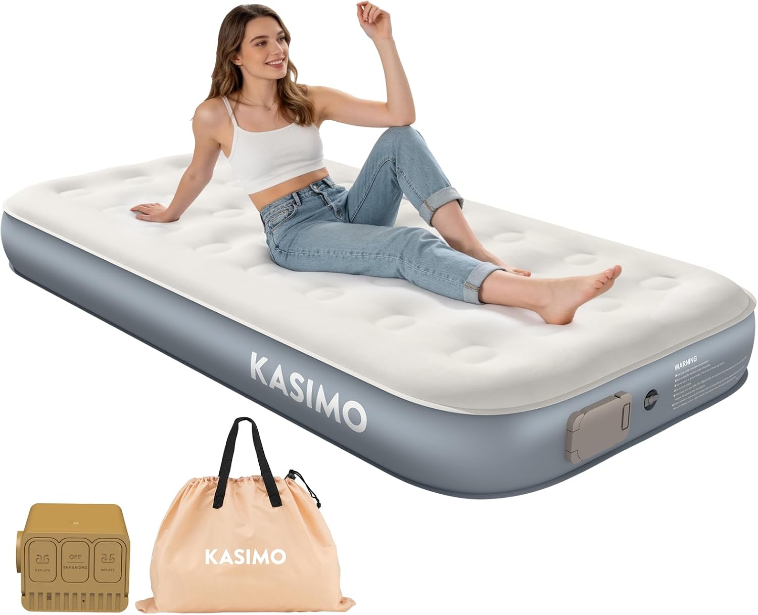 KASIMO Twin Air Mattress Twin Built-in Battery Powered Removable Pump, Blow Up Mattress Inflatable AirBed with Soft Suede Surface, Strong Support, Inflatable Air Bed for Home Guests Camping
