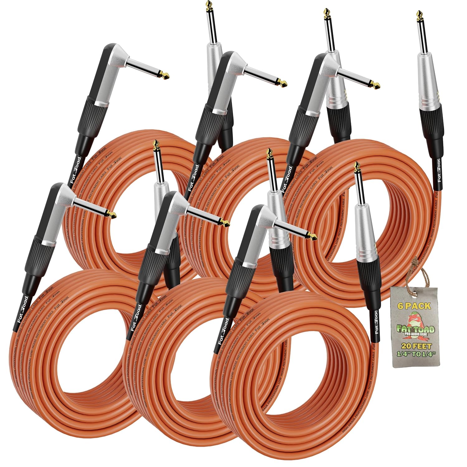 Fat Toad 20ft Guitar Cables (Orange-PRO Series) 6-Pack – Right Angled 1/4" to TS Straight End Instrument Cords, 20 AWG Wire for Pedals, Bass, Amp & Studio Use