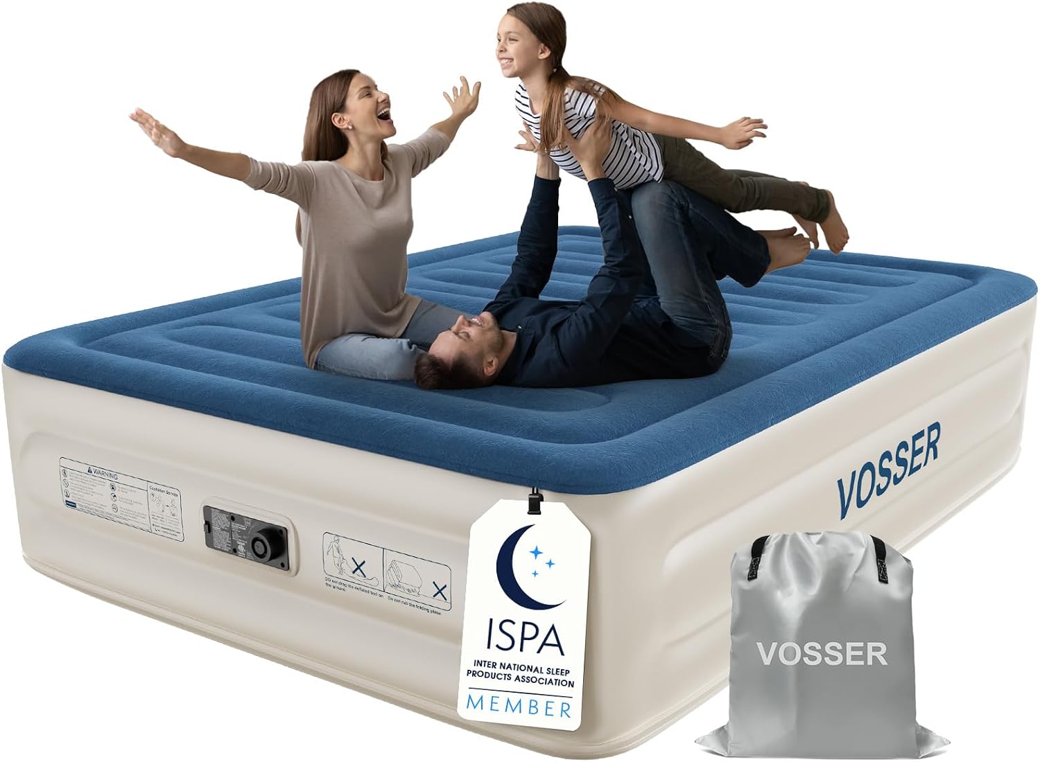 VOSSER Queen Air Mattress with Built-in Pump,18'' Raised Blow Up Mattress, Leak-Proof Air Bed with Storage Bag, Flocked Top Inflatable Mattress for Home, Camping & Guests, I-Beam, Colchon Inflable