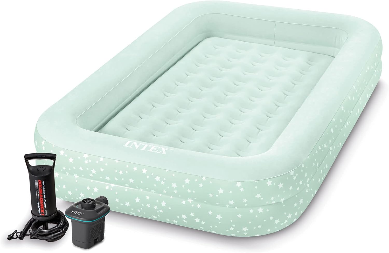 Intex Kids Travel Air Mattress Inflatable Bed Set with Raised Sides and 120V Electric Quick Fill Air Pump with 3 Interconnected Nozzles