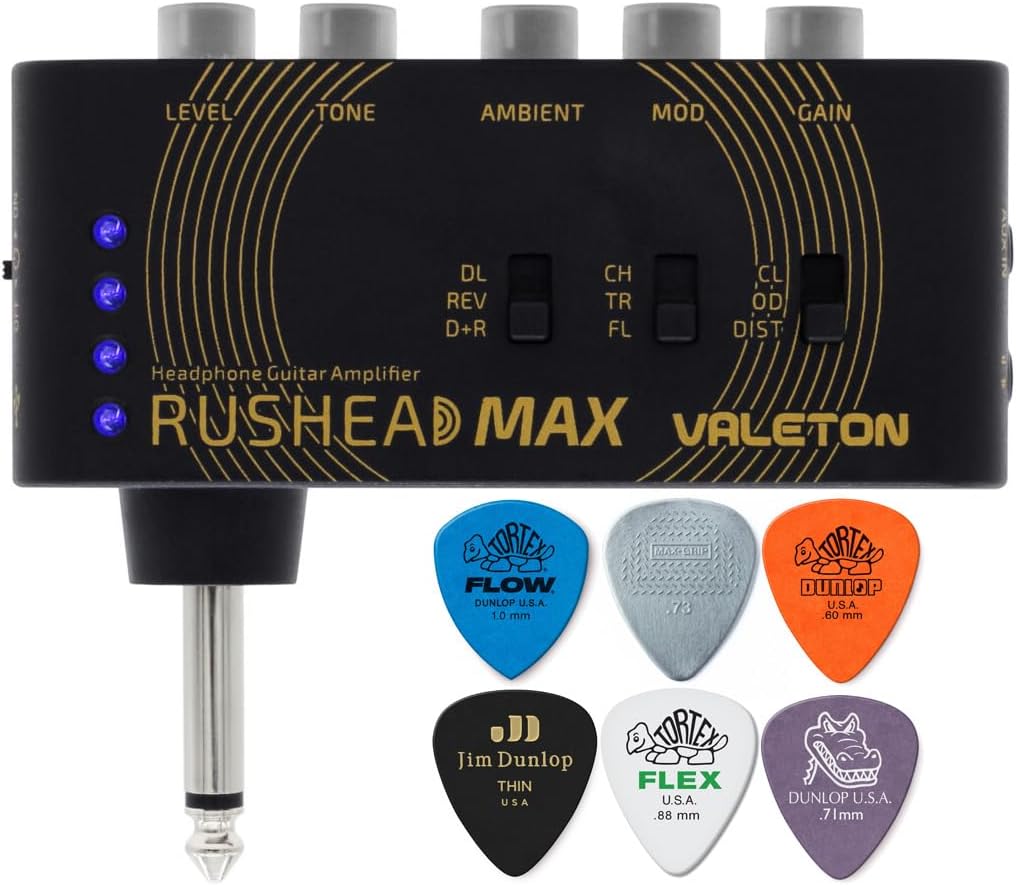 Valeton Rushead Max USB Portable Pocket Guitar Headphone Amp Rechargeable Carry-On Bedroom Plug-in Multi-Effects with Tonebird Dunlop Picks Bundle