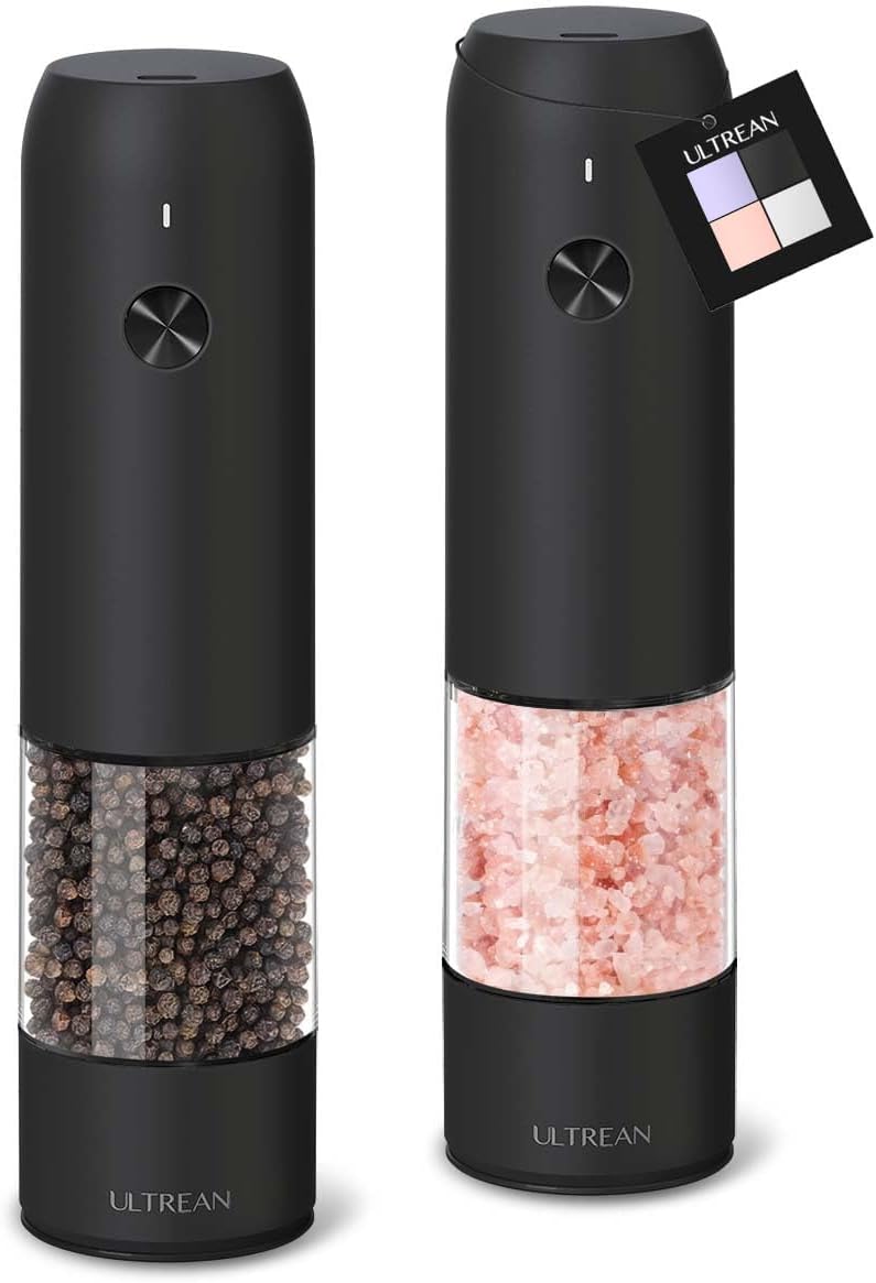 Ultrean Pepper Grinder, Rechargeable Salt and Pepper Grinder with 6 Adjustable Coarseness, LED Light, Automatic Grinder for Kitchen, Home and Kitchen Appliances Birthday Gifts for Women, Black