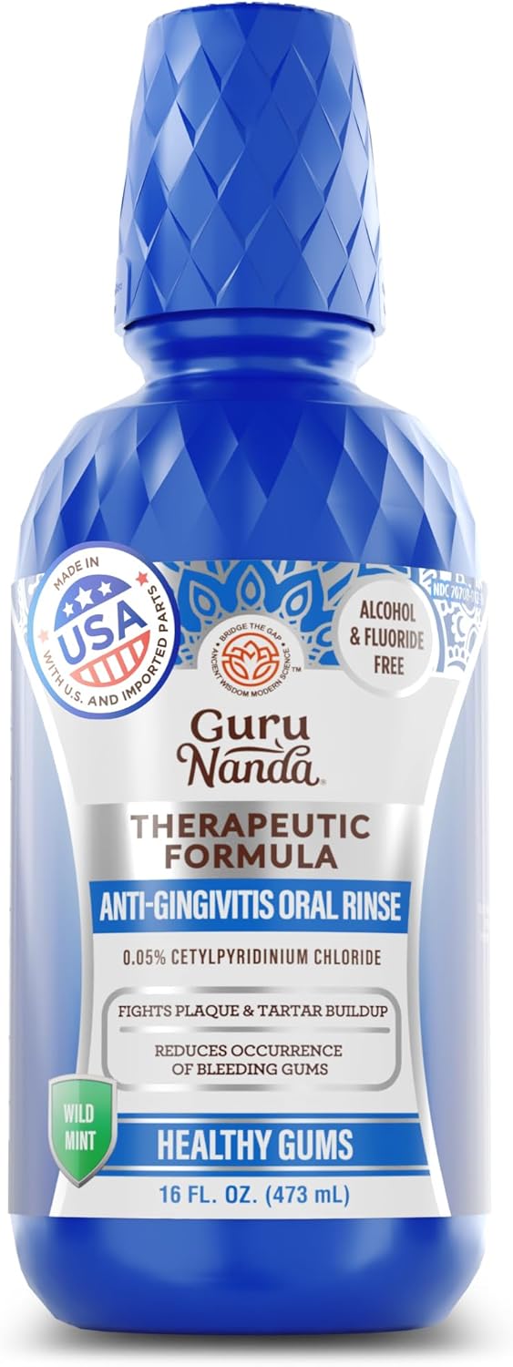 GuruNanda Healthy Gums Mouthwash for Gingivitis & Bleeding Gums – Antigingivitis Xylitol Rinse with 0.05% CPC – Alcohol-Free, Fluoride-Free Plaque Control – Wild Mint, 16 oz
