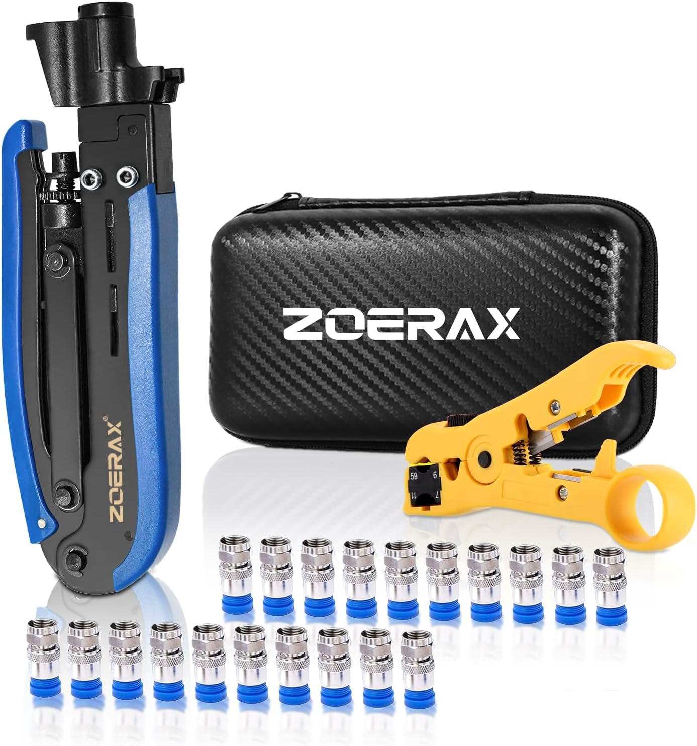 Coax Cable Crimper Tool Kit with Wire Stripper and 20PCS F Connectors – Coax Compression Tool for RG6, RG59, RG11 Coaxial Cables for TV, Internet, Satellite Installations & Home Networking