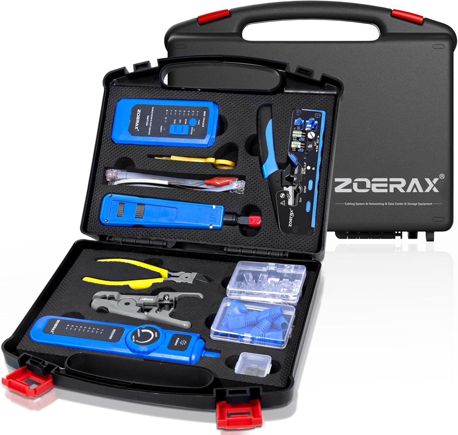 Professional Network Tool Kit, ZOERAX 14 in 1 - RJ45 Crimp Tool, Cat6 Pass Through Connectors and Boots, Cable Tester, Wire Stripper, Ethernet Punch Down Tool