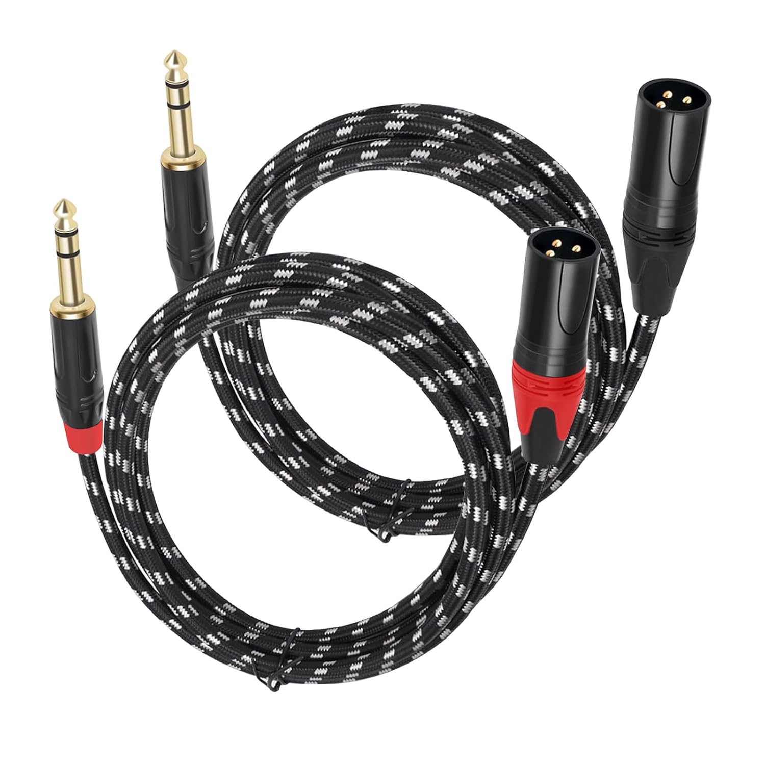 XLR Male to 1/4 (6.35mm) TRS Mono Jack Microphone Cable, 6.6 FT, 2 Pack, Black and White Grid Protective Layer, Balanced 3 Pin to Quarter inch TRS Plug, Pure Copper and Plated Conductors
