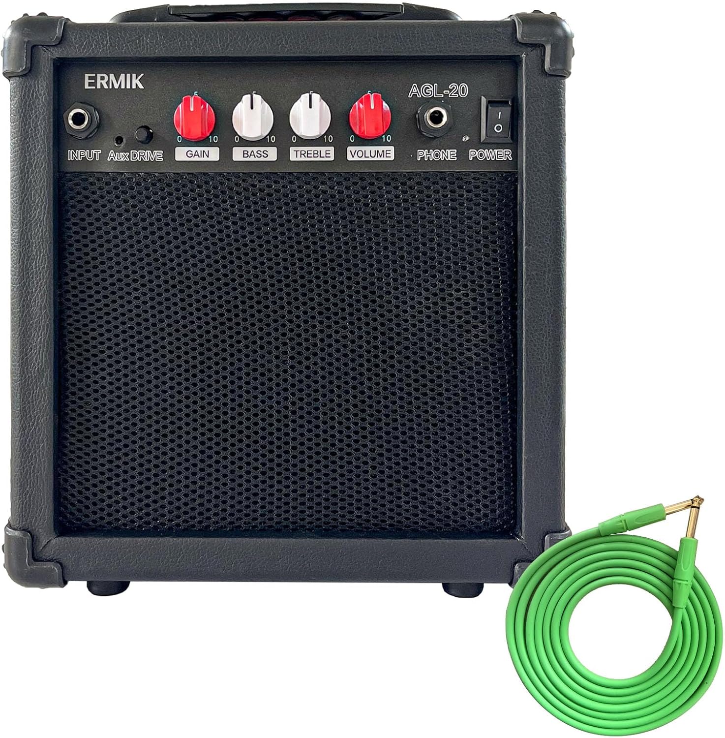 Ermik Electric Guitar Amp 20W Electric Guitar Amplifier Built in Speaker Headphone Jack Input and Aux JackDrive Button 4 Knobs Gain Bass Treble and Volume, Portable - Black (20W)