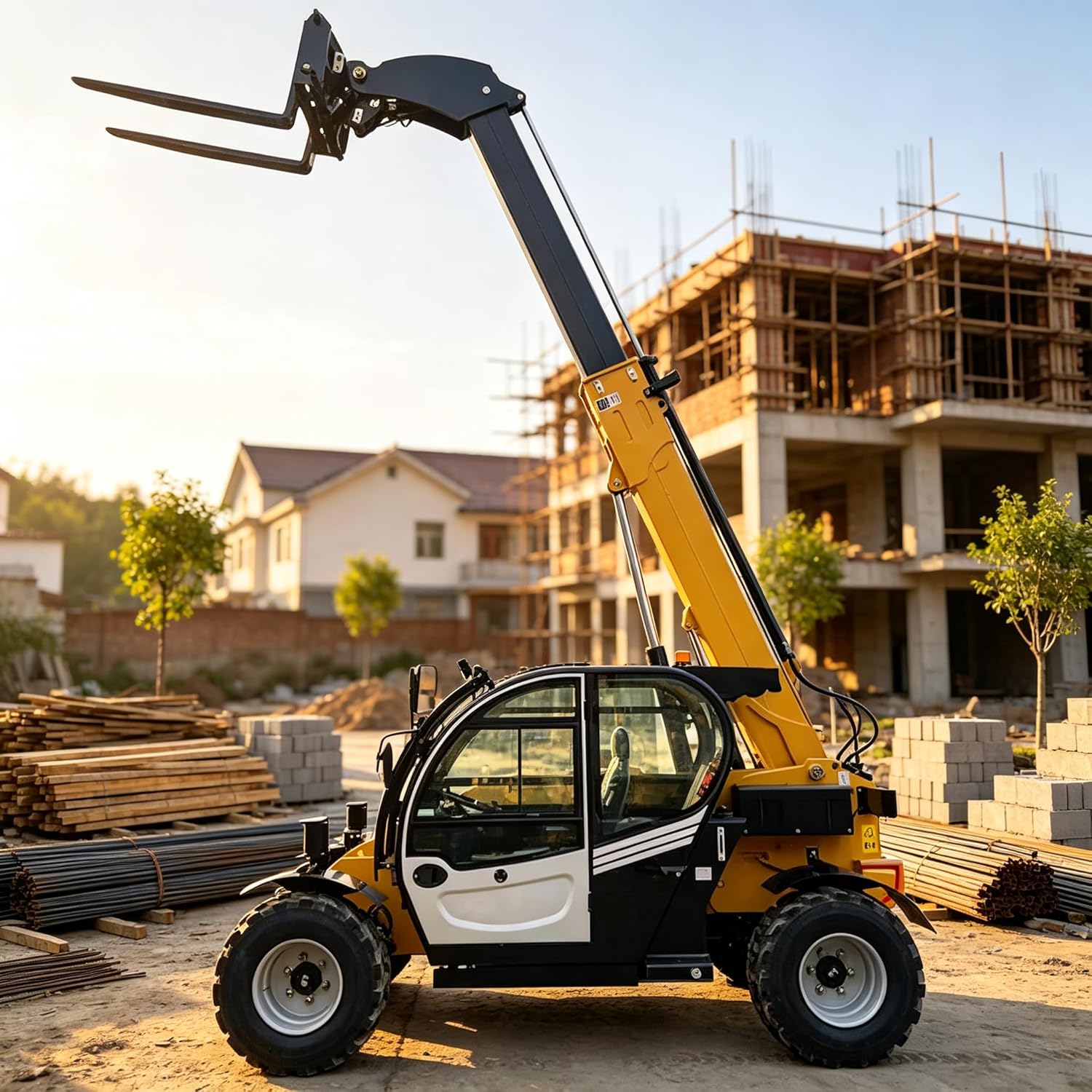Telehandler, Heavy Duty 4WD Telescopic Forklift, Industrial Grade Off-Road Forklift, Compact-Size handling Machine Construction Equipment for Warehouse Farm Landscaping Construction Material Handling