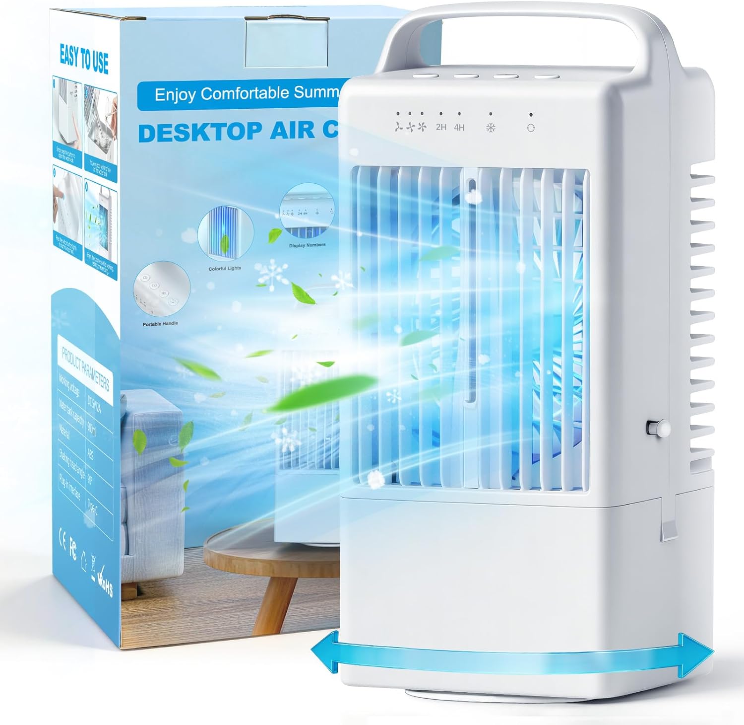 Portable Air Conditioners - Mini Evaporative Air Cooler for Room - Cooling Fan with Oscillating - 900ml Water Tank Air Conditioners Portable - AC Fan with 3 Speed Timer and 7 Colors Light (White)