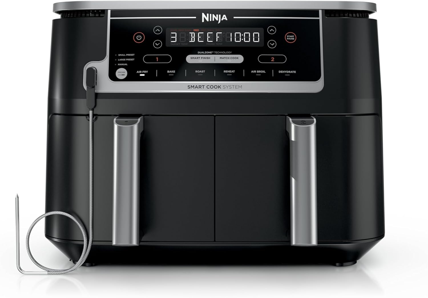 NinjaDZ550 Foodi 10 Quart 6-in-1 DualZone Smart XL Air Fryer with 2 Independent Baskets, Smart Cook Thermometer for Perfect Doneness, Match Cook and Smart Finish to Roast, Dehydrate and More, Black