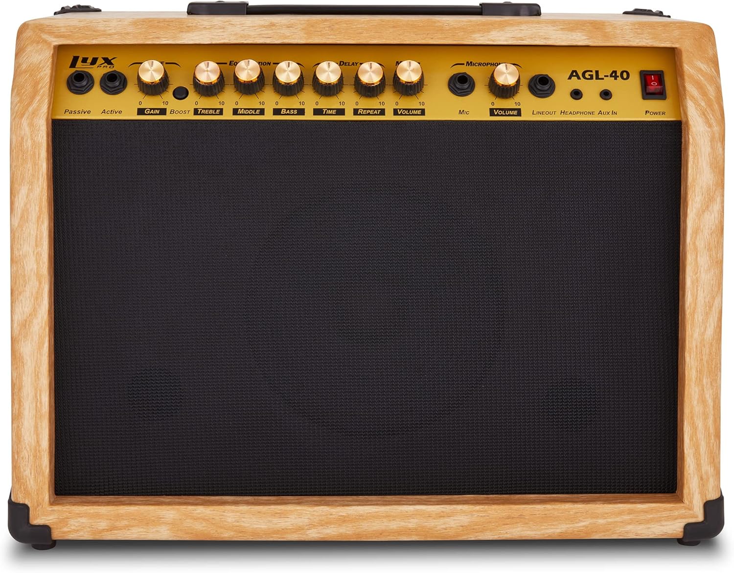 LyxPro 40 Watt Electric Guitar Amplifier | Solid State Studio Amp with 8” 4-Ohm Speaker, Custom EQ Controls, Drive, Delay, ¼” Passive/Active/Microphone Inputs, Aux in & Headphone Jack - Natural