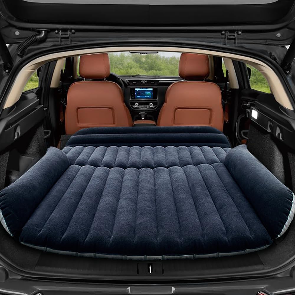 SUV Air Mattress, Inflatable Car Bed with Thickened Flocked Surface, Adjustable Side Bolsters, Upgraded 3-Valve Design, Foldable Camping Mattress with Electric Pump for SUV, Jeep, Truck